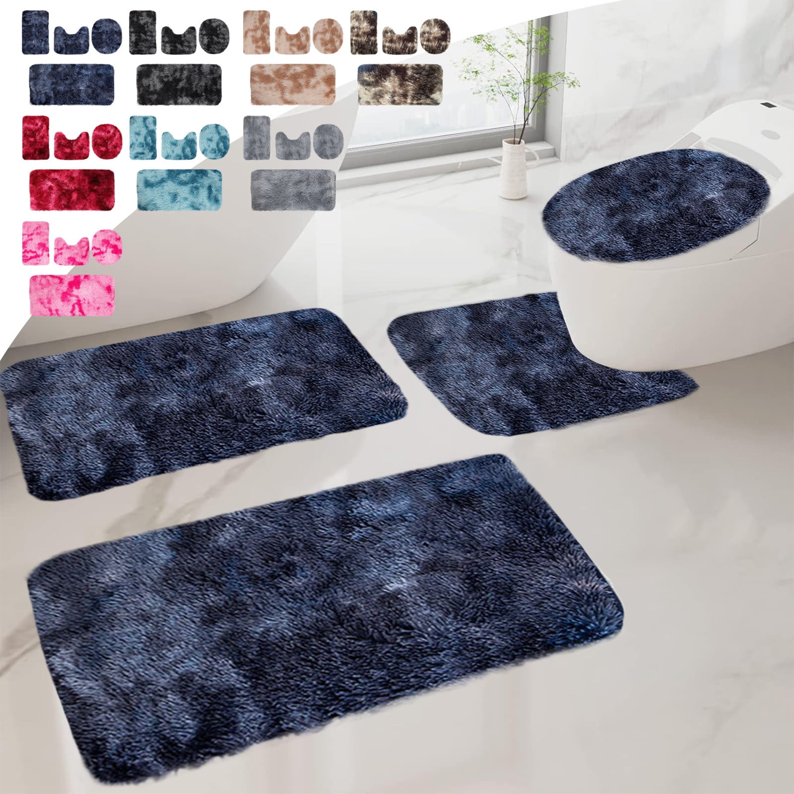 Tyidzon 5Pc Bath Mats for Bathroom, Quick-Dry Bathroom Rugs Sets Washable Non-Slip Bath Mat Ultra Soft Absorbent with U-Shaped Toilet for Bathroom, Tub, Shower, Gray 02-Black