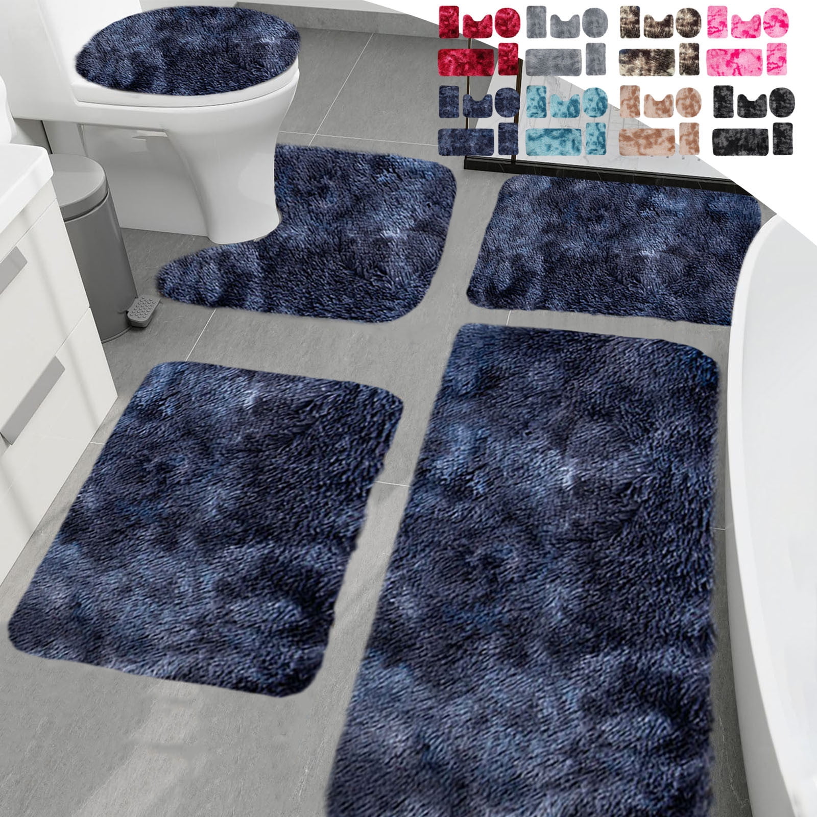 Tyidzon 5Pc Bath Mats for Bathroom, Quick-Dry Bathroom Rugs Sets Washable Non-Slip Bath Mat Ultra Soft Absorbent with U-Shaped Toilet for Bathroom, Tub, Shower, Gray 03-Blue