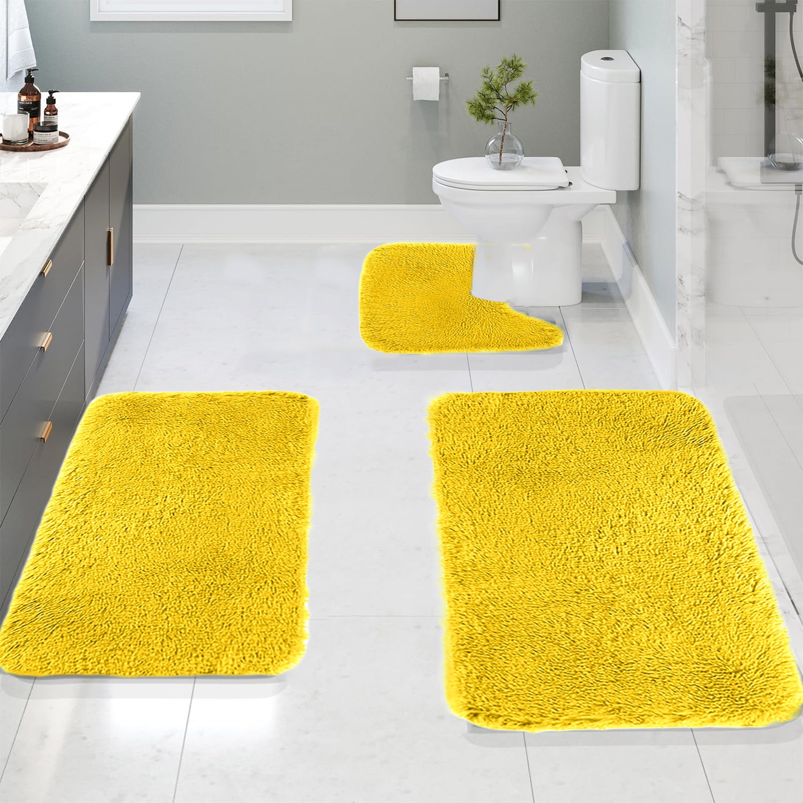 Bathroom Rugs Solid Color Bath Mats 3 Set Bath Mats for bathroom Toilet Mats Universal Soft Comfortable Water Absorption Non-Slip Thick Machine Washable Easier to Dry AYellow