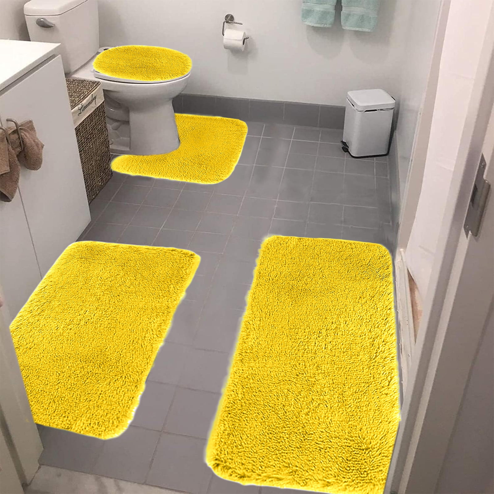 Bathroom Rugs Solid Color Bath Mats 3 Set Bath Mats for bathroom Toilet Mats Universal Soft Comfortable Water Absorption Non-Slip Thick Machine Washable Easier to Dry AYellow 2
