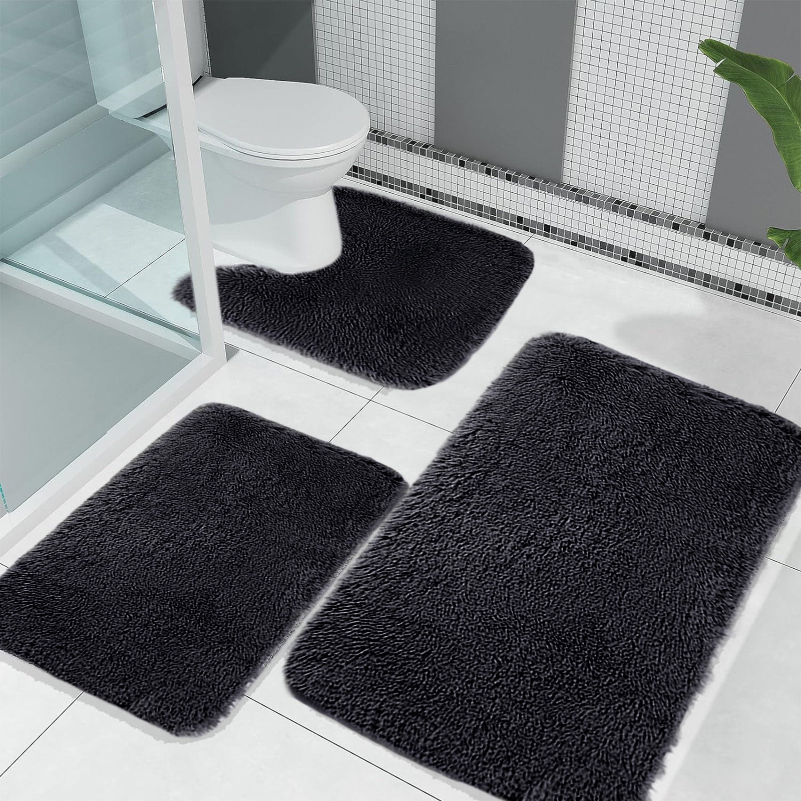 Bathroom Rugs Solid Color Bath Mats 3 Set Bath Mats for bathroom Toilet Mats Universal Soft Comfortable Water Absorption Non-Slip Thick Machine Washable Easier to Dry Black