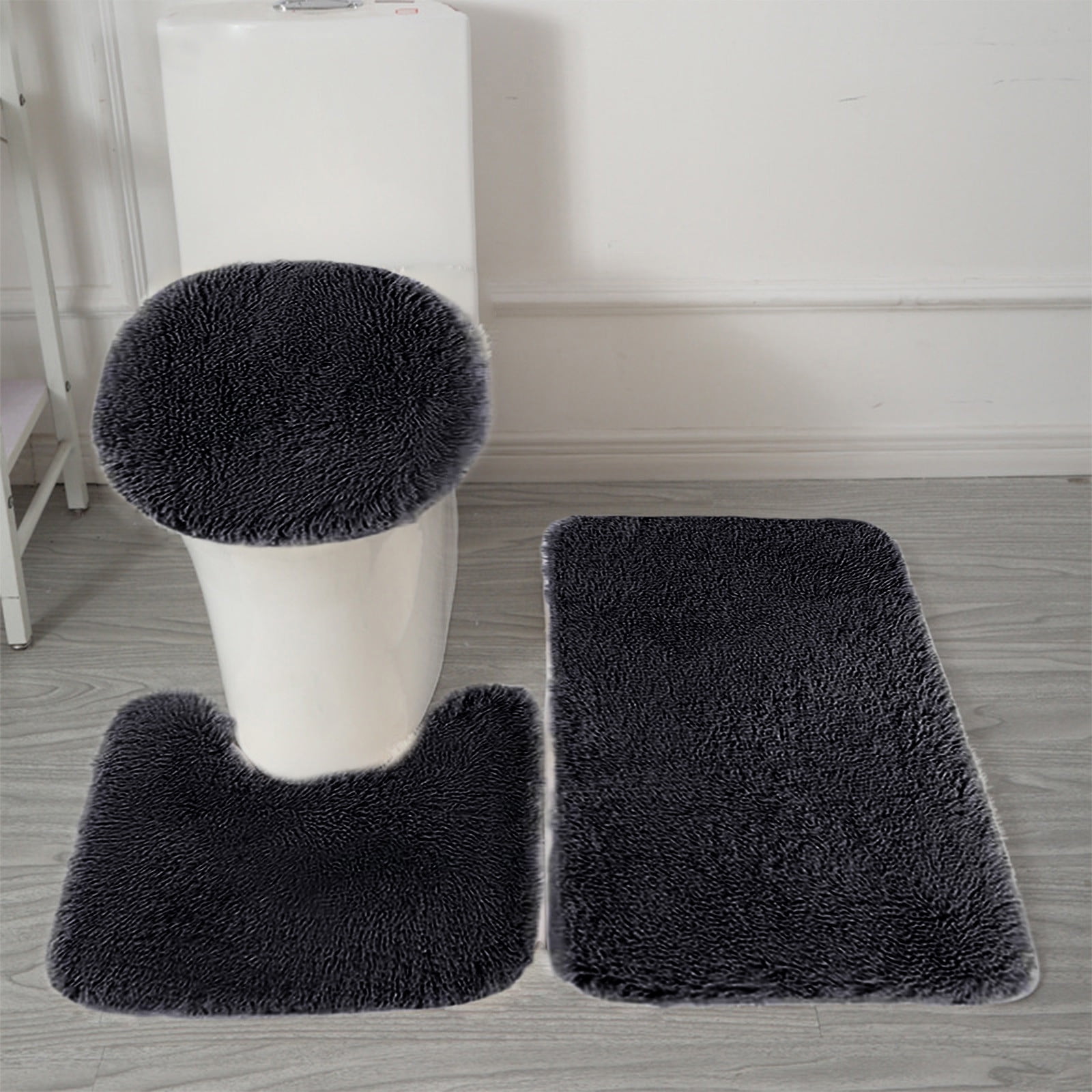 Bathroom Rugs Solid Color Bath Mats 3 Set Bath Mats for bathroom Toilet Mats Universal Soft Comfortable Water Absorption Non-Slip Thick Machine Washable Easier to Dry Black 1