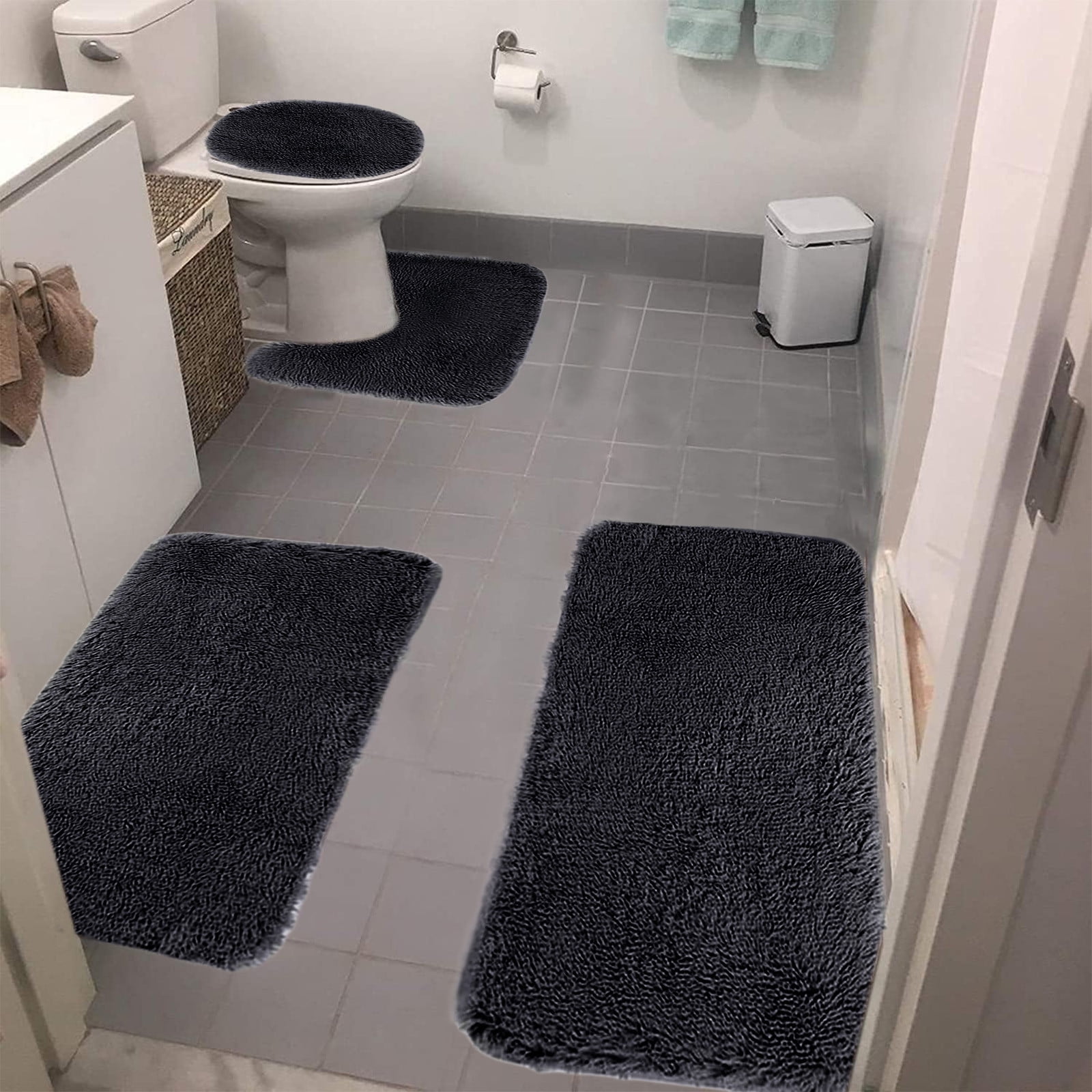Bathroom Rugs Solid Color Bath Mats 3 Set Bath Mats for bathroom Toilet Mats Universal Soft Comfortable Water Absorption Non-Slip Thick Machine Washable Easier to Dry Black 2