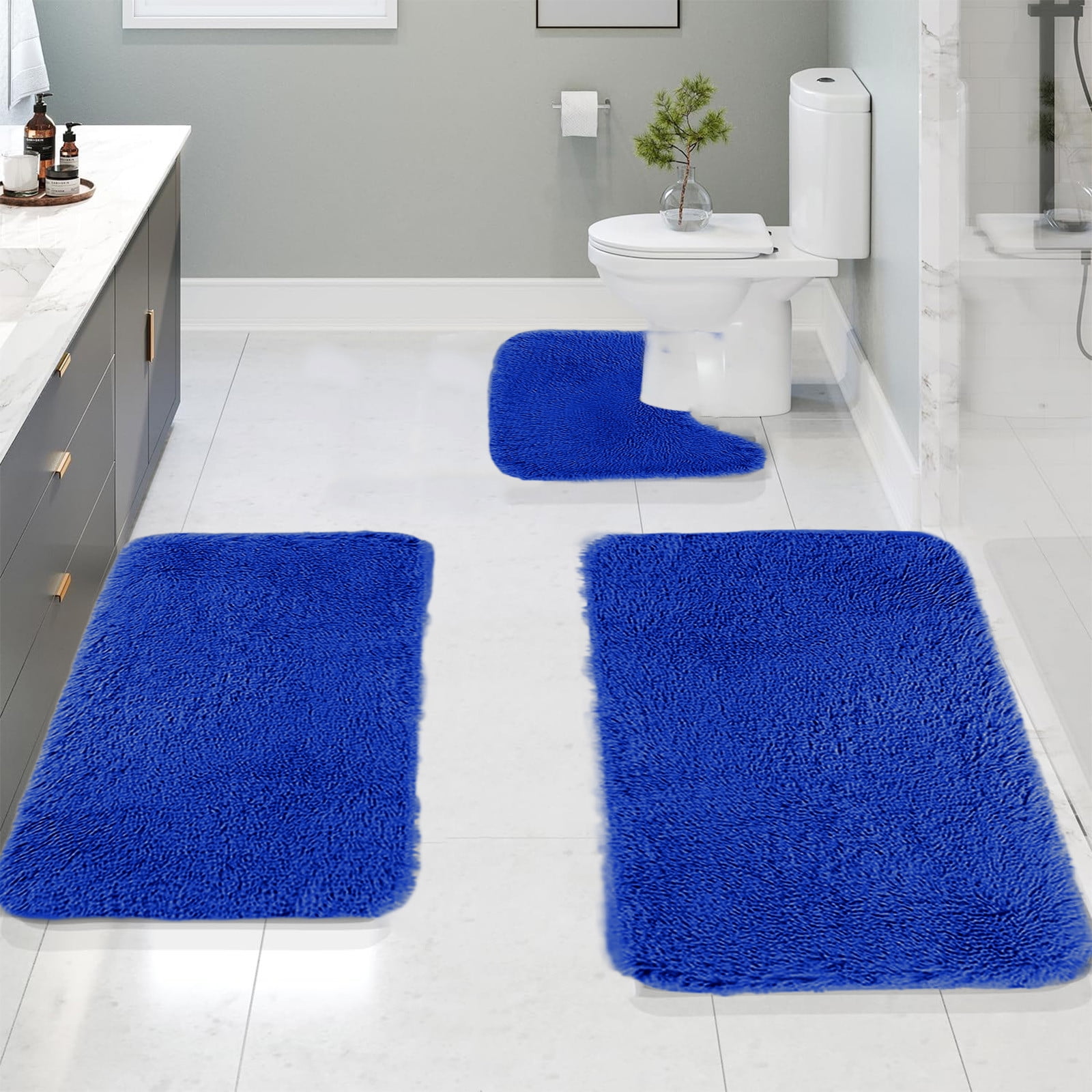 Bathroom Rugs Solid Color Bath Mats 3 Set Bath Mats for bathroom Toilet Mats Universal Soft Comfortable Water Absorption Non-Slip Thick Machine Washable Easier to Dry Blue