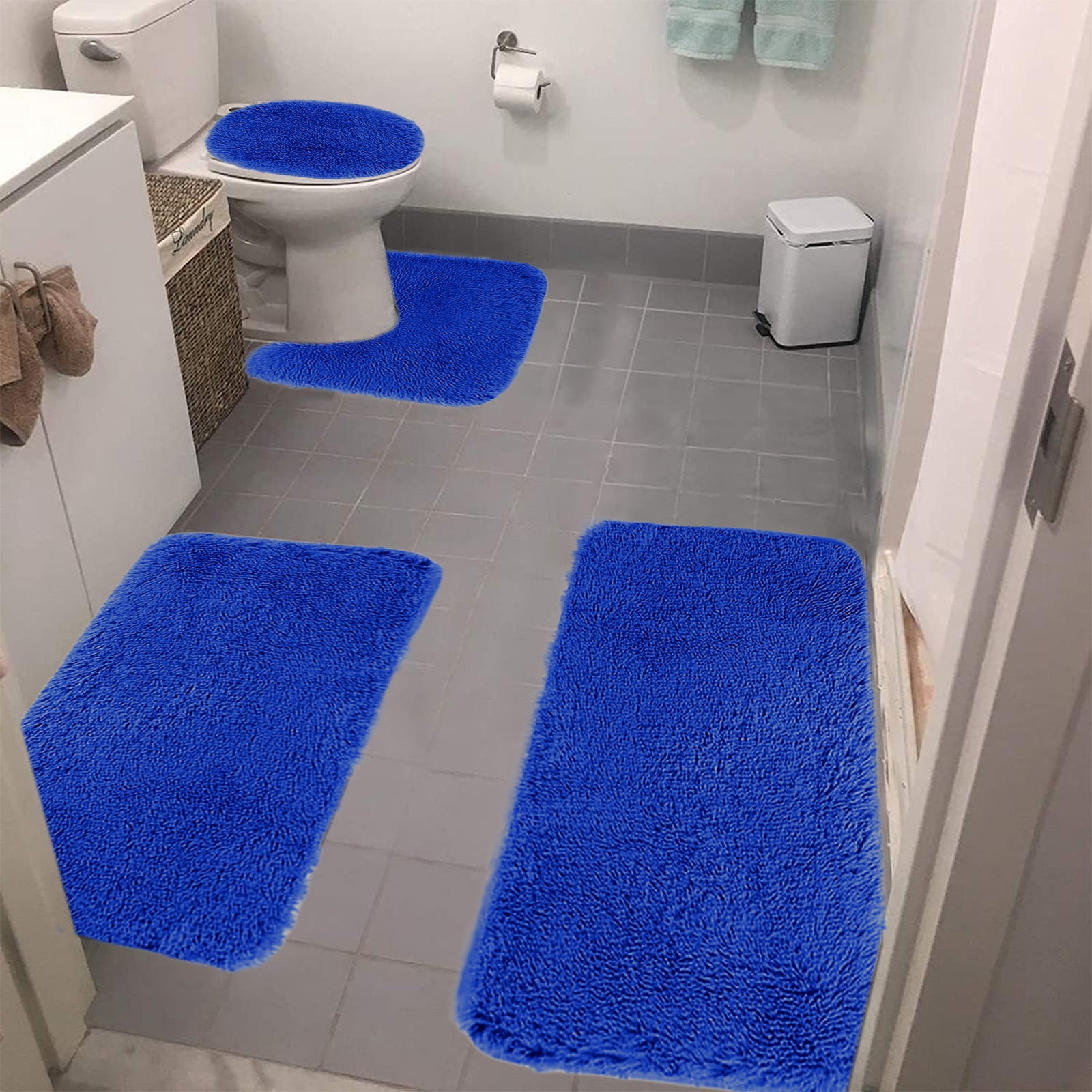 Bathroom Rugs Solid Color Bath Mats 3 Set Bath Mats for bathroom Toilet Mats Universal Soft Comfortable Water Absorption Non-Slip Thick Machine Washable Easier to Dry Blue 2
