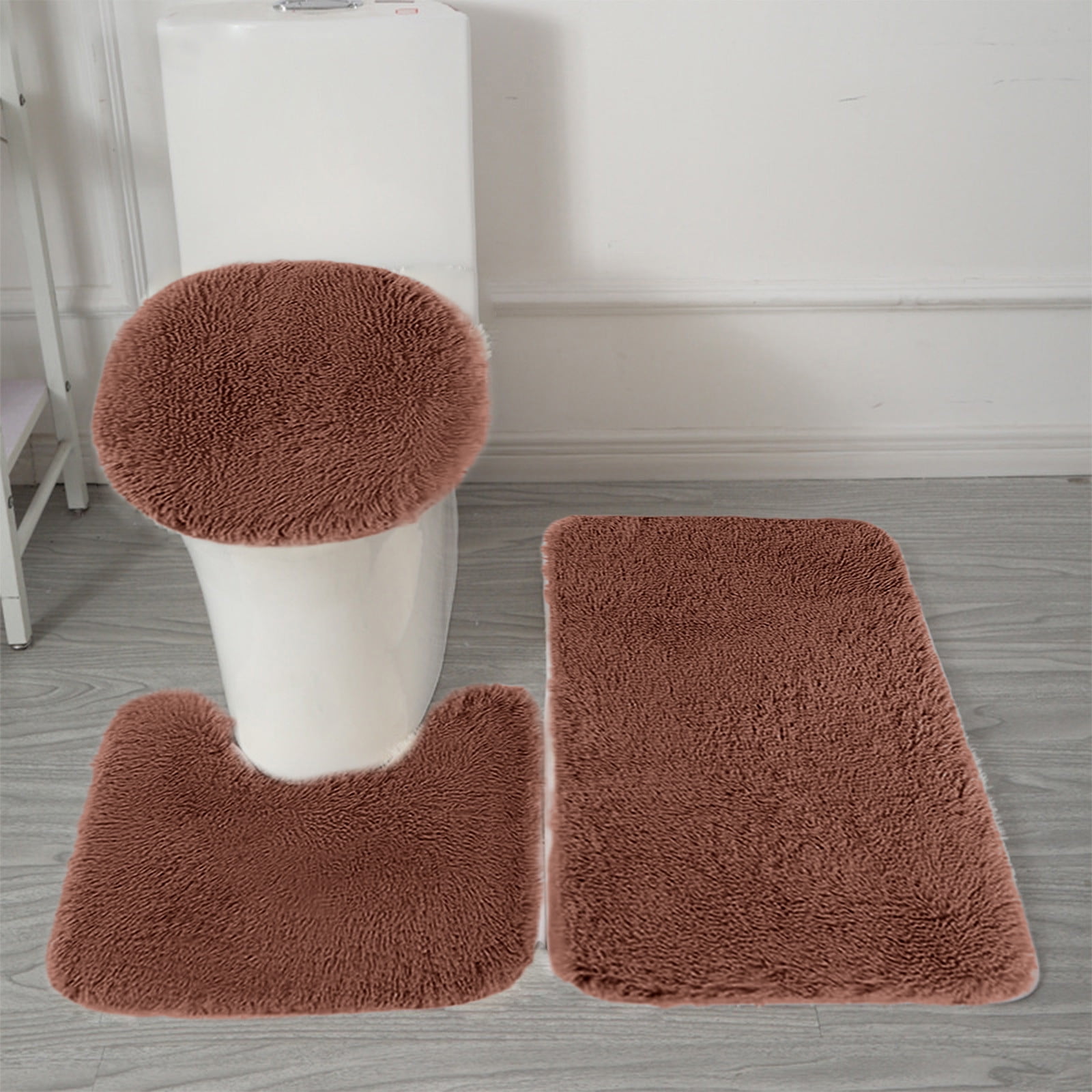Bathroom Rugs Solid Color Bath Mats 3 Set Bath Mats for bathroom Toilet Mats Universal Soft Comfortable Water Absorption Non-Slip Thick Machine Washable Easier to Dry Brown 1