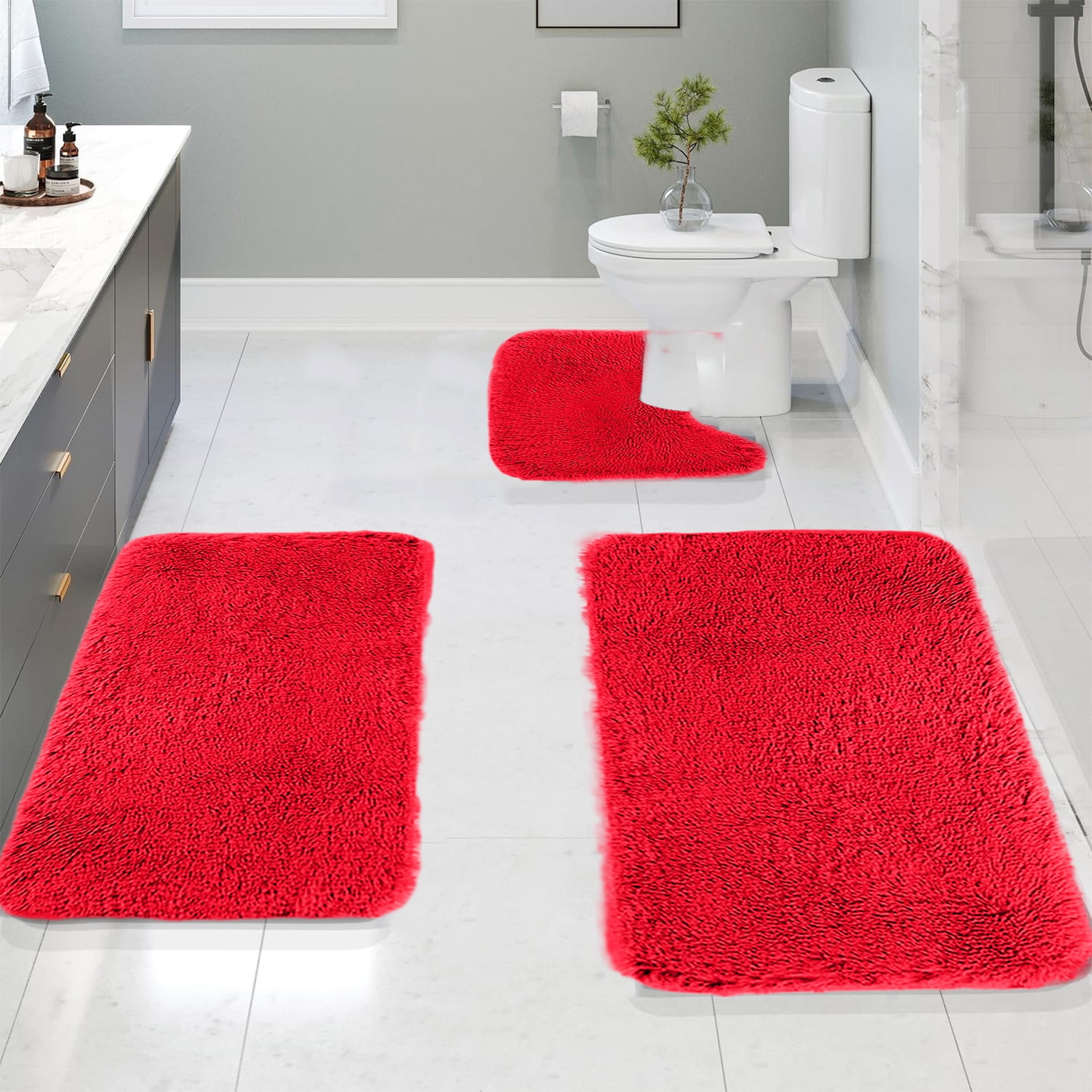 Bathroom Rugs Solid Color Bath Mats 3 Set Bath Mats for bathroom Toilet Mats Universal Soft Comfortable Water Absorption Non-Slip Thick Machine Washable Easier to Dry Red