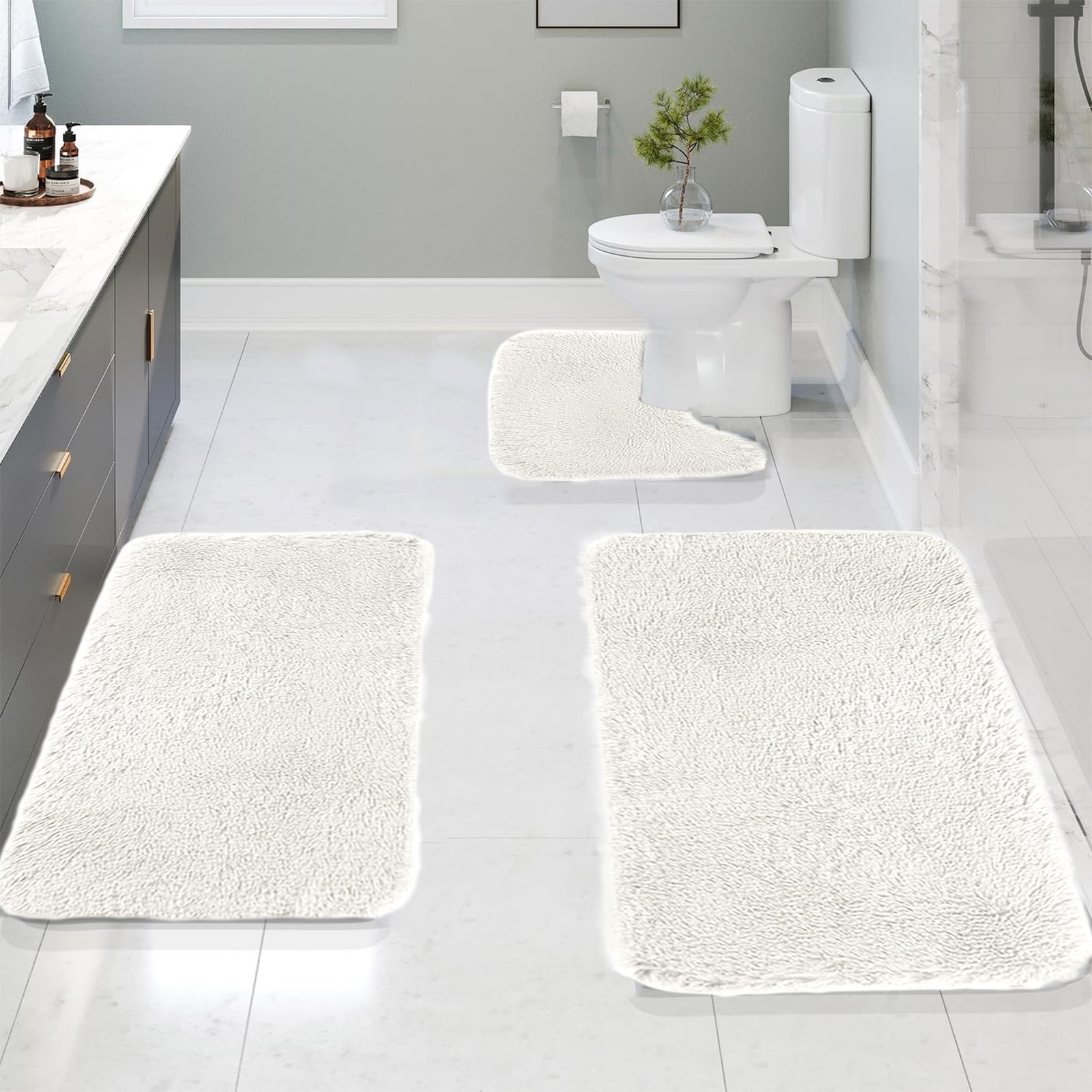 Bathroom Rugs Solid Color Bath Mats 3 Set Bath Mats for bathroom Toilet Mats Universal Soft Comfortable Water Absorption Non-Slip Thick Machine Washable Easier to Dry White
