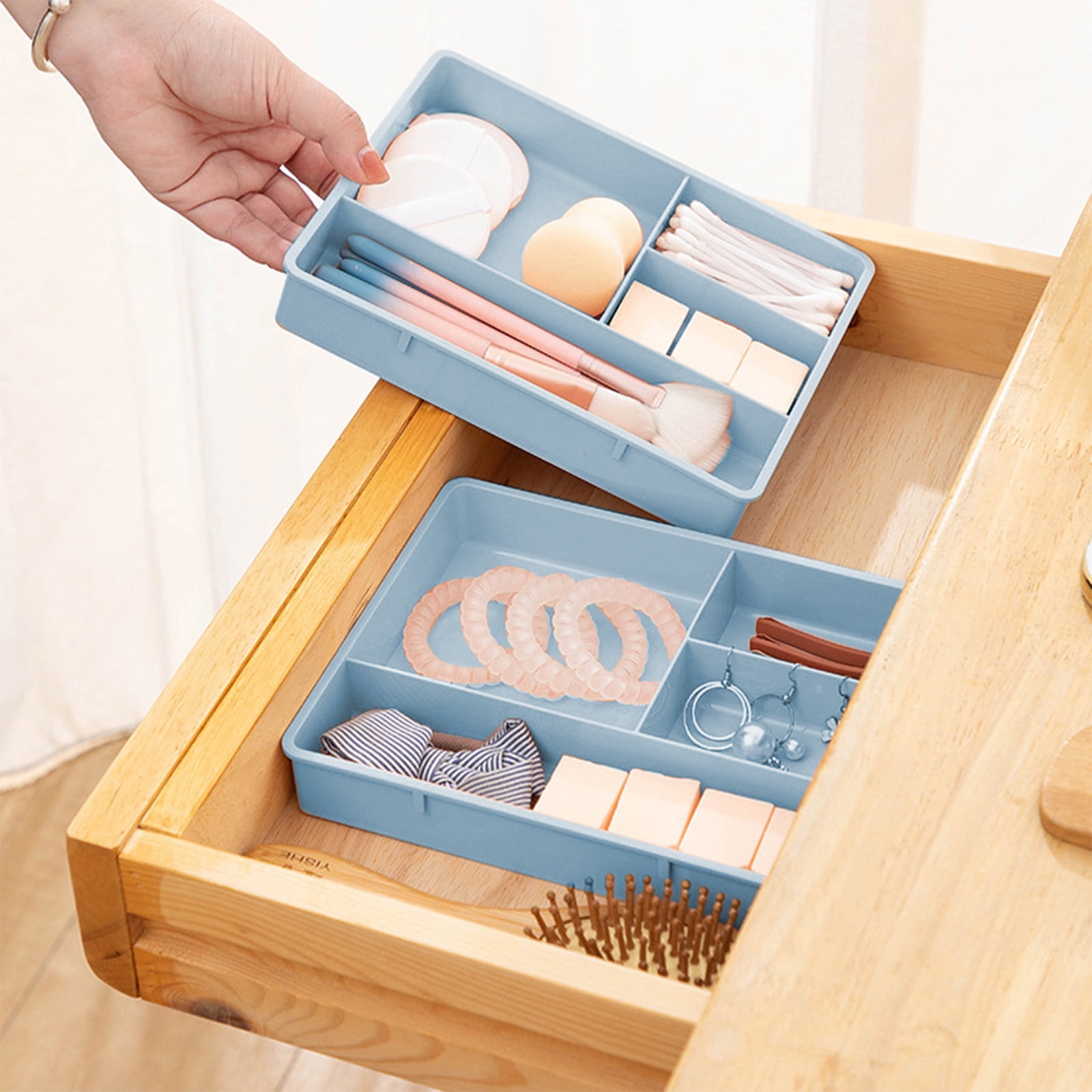 Four Grid Storage Box Plastic Drawer Dividers Flatware Tray Pen Holder Tray Plastic Tray Makeup Tray Plastic Drawers Makeup Vanity Organizer Small Item Pp Office Storage Tray Blue