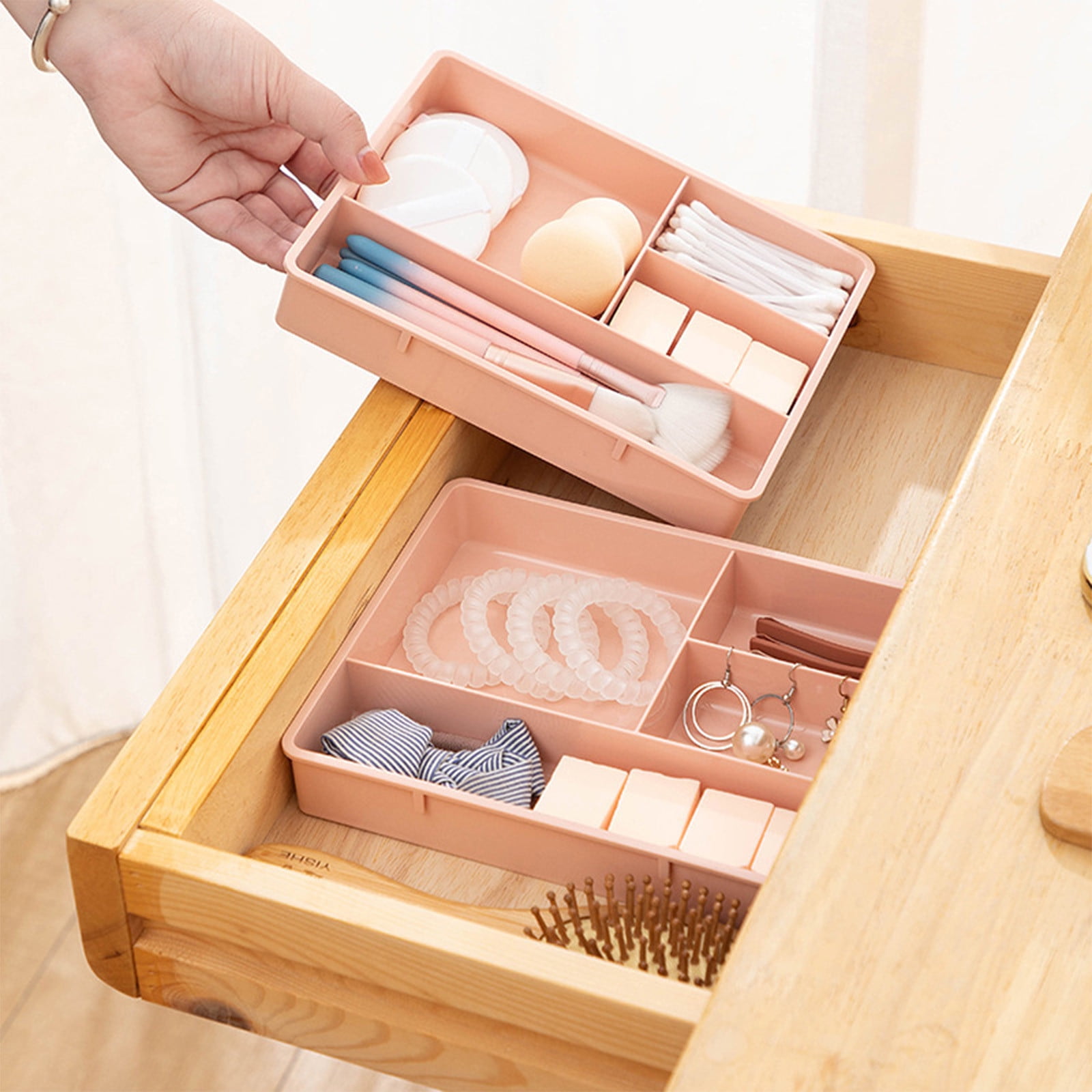 Four Grid Storage Box Plastic Drawer Dividers Flatware Tray Pen Holder Tray Plastic Tray Makeup Tray Plastic Drawers Makeup Vanity Organizer Small Item Pp Office Storage Tray P-ink