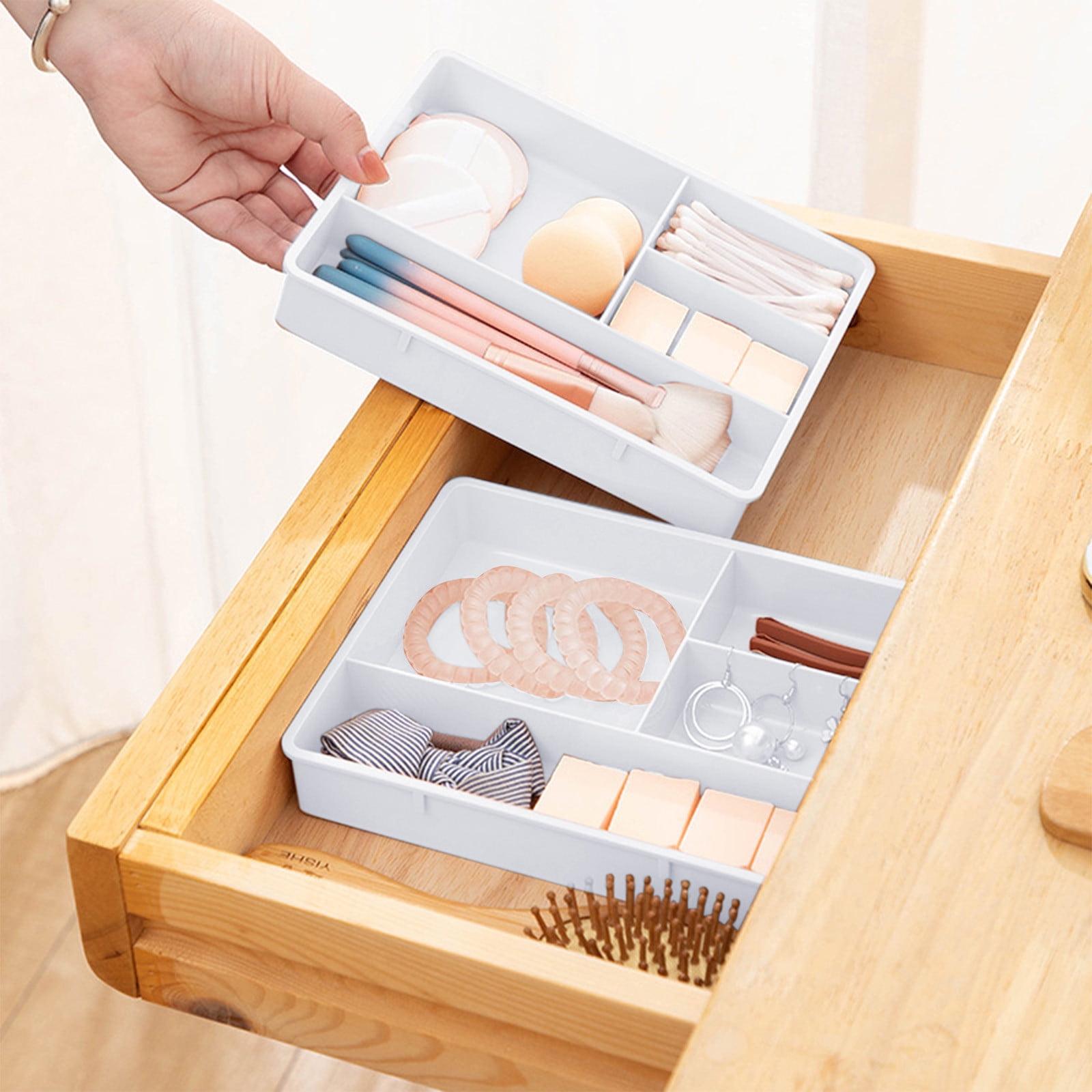 Four Grid Storage Box Plastic Drawer Dividers Flatware Tray Pen Holder Tray Plastic Tray Makeup Tray Plastic Drawers Makeup Vanity Organizer Small Item Pp Office Storage Tray White
