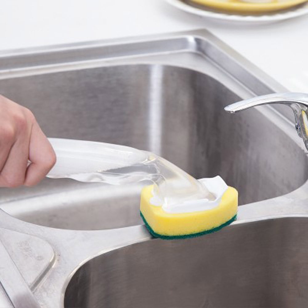 Creative Detachable Handle Soap Dispenser Dish Wand Brush - 28cm Scrub Refill for Kitchen Cleaning, Pot and Pan Washing, Reusable Sponge, Transparent Liquid Dispenser for Easy Dishwashing