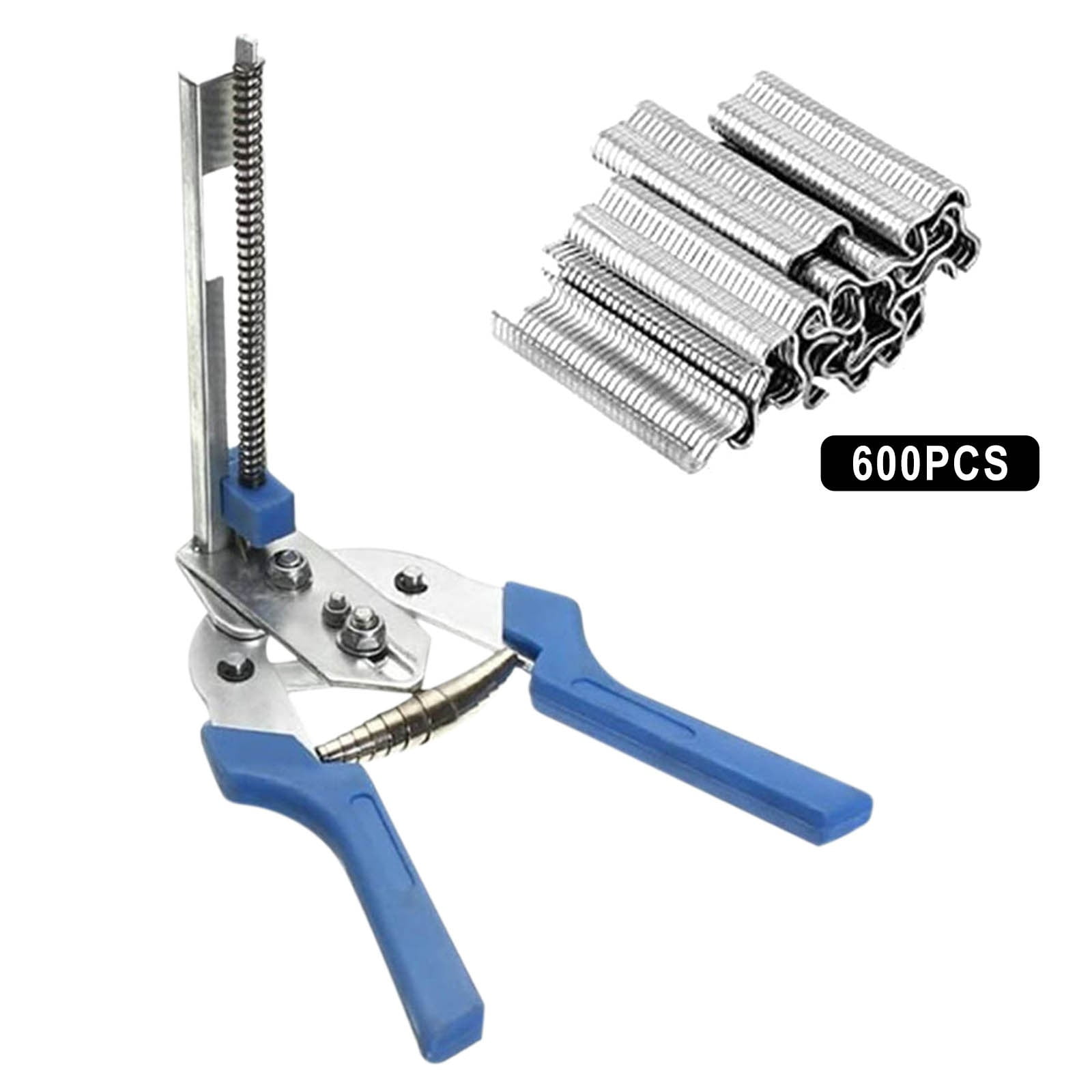 M-Type Nail Ring Pliers Kit with 600 Clips - Automatic Cage Building Tool for Chicken Coops & Fences - Anti-Slip Rubber Handle & Spring-Assisted Operation Blue