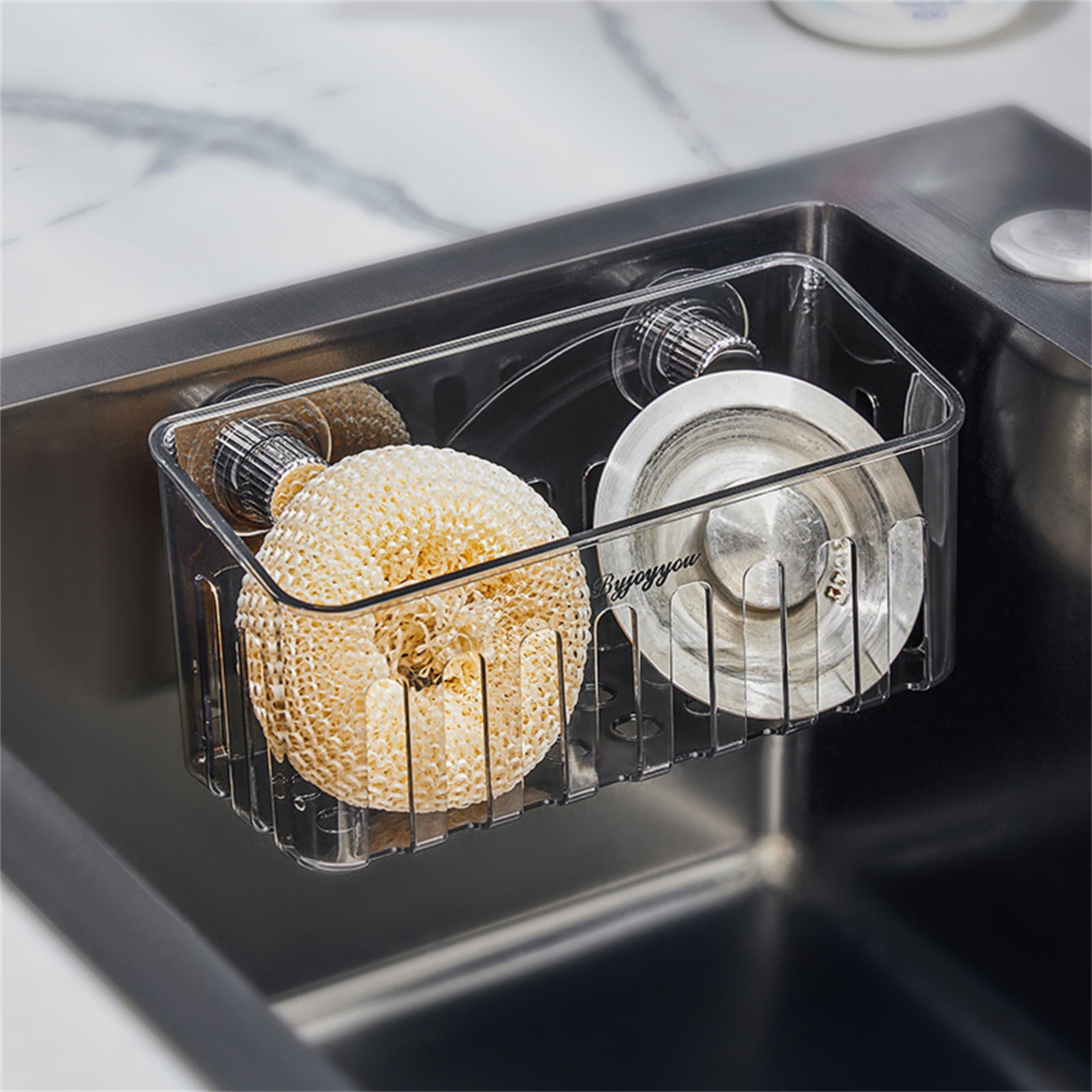 Kitchen Sponge Holder with Suction Cups, Removable Sink Caddy Organizer for Brushes, Dishcloths, Stainless Steel Drain Rack for Countertops Clear2 3.43x7.48' 3.43" x 7.48" Clear1