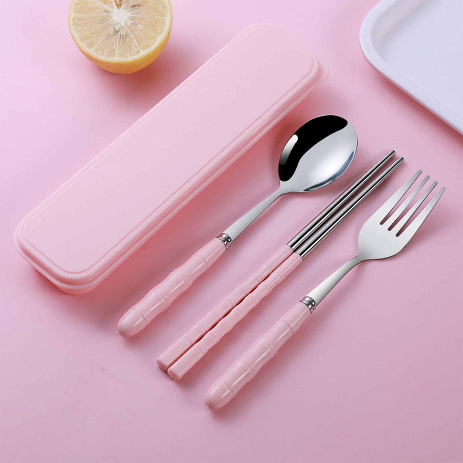 Stainless Steel Portable Cutlery Set with Case - Spoon Fork Chopsticks Utensil Kit for Office School Picnic Travel Bento Lunch, Up to 60% OFF Pink