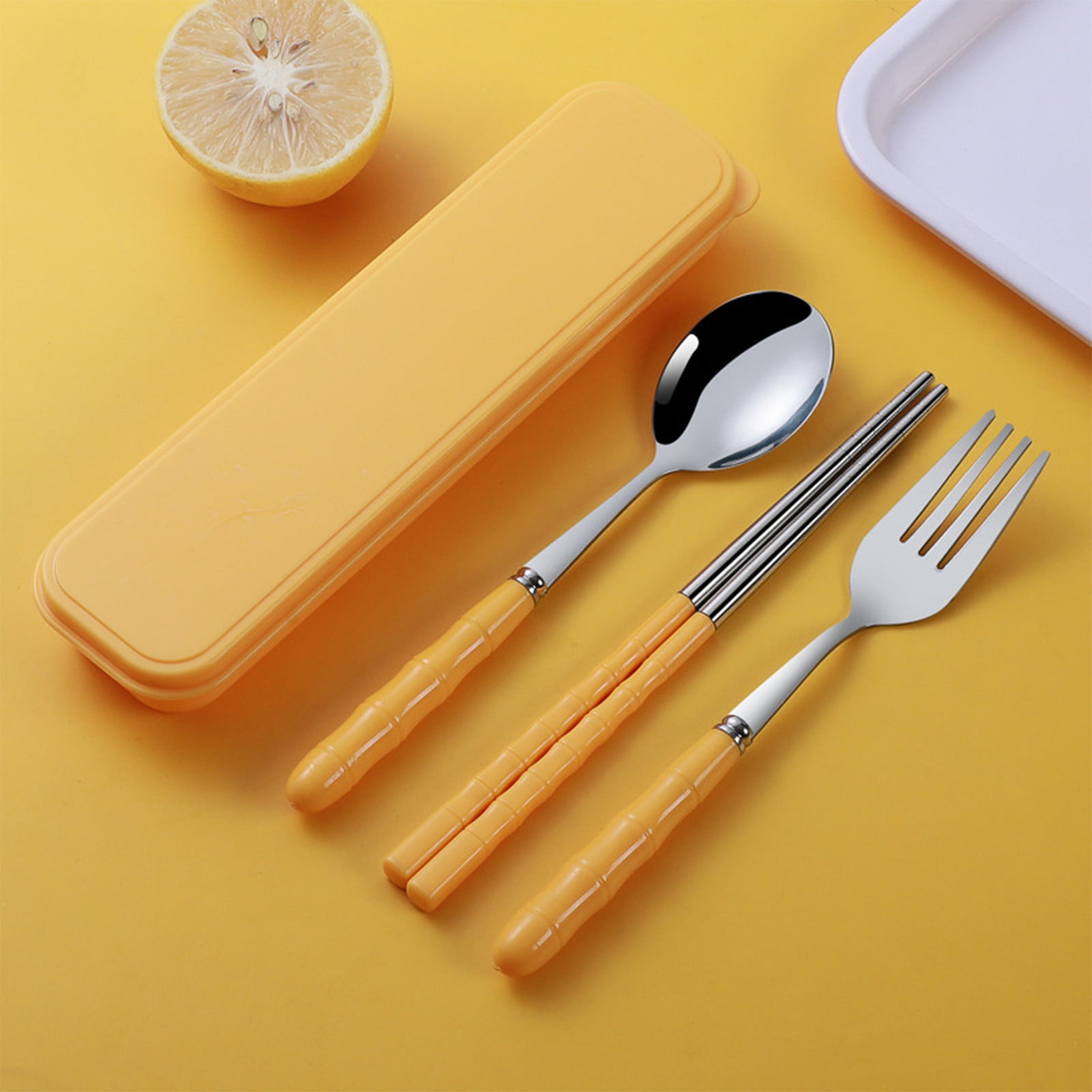 Stainless Steel Portable Cutlery Set with Case - Spoon Fork Chopsticks Utensil Kit for Office School Picnic Travel Bento Lunch, Up to 60% OFF Yellow