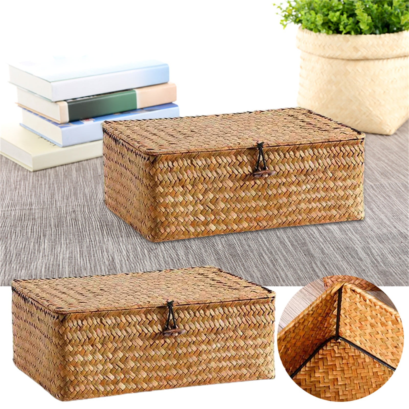 Natural Seagrass Storage Baskets for Organizing, Rectangular Storage Basket with Lid, Wicker Woven Basket for Storage, Decorative Boxes Bins with Lids Home Organizer Decor, 10.2x6.3x3.9 10.2" x 6.3" x 3.9" Khaki