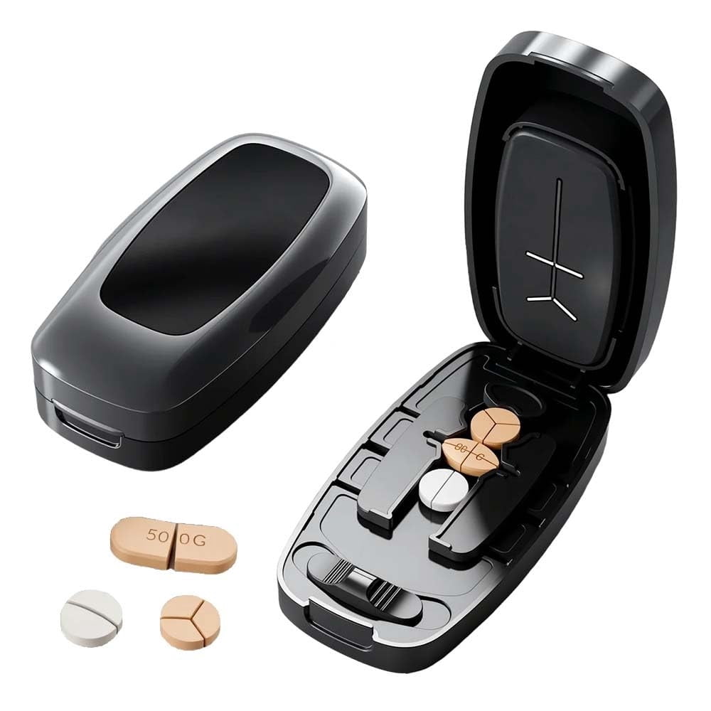 Dual Fixing Clips, Multi-Pill Cutting, Adjustable Slot Pill Cutter - Fits Small/Large Pills, Vitamins, Oval/Long Tablets | 1/2, 1/3, 1/4 Even Splitting, Precision Split, Hidden Sharp Blade B
