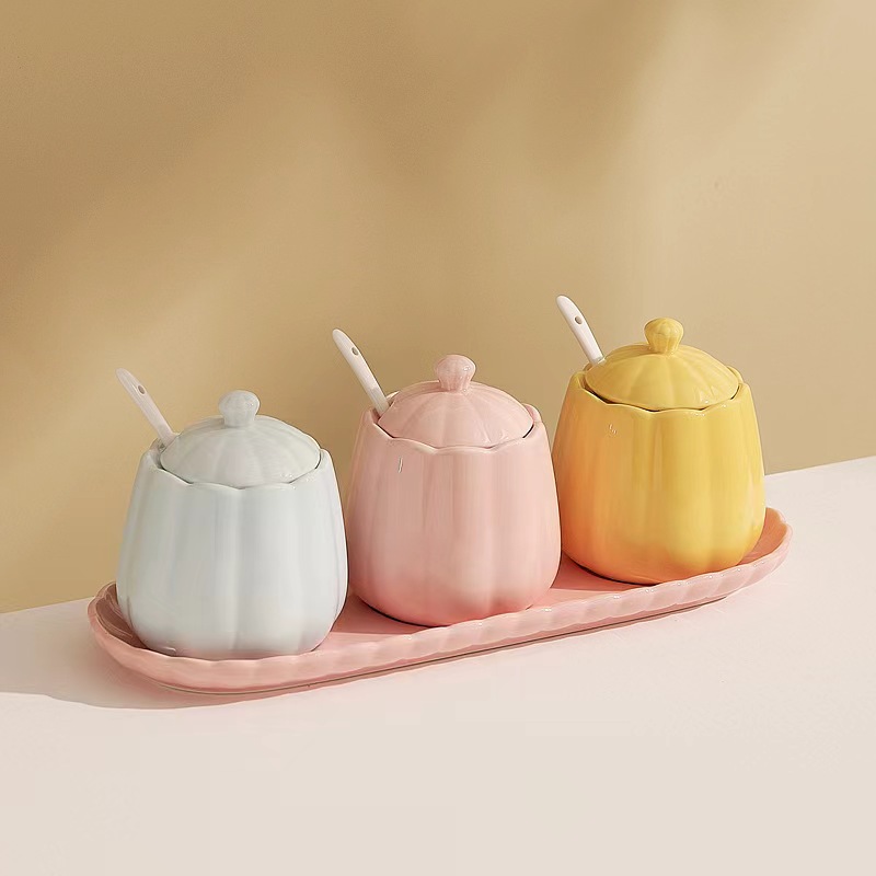 Spice Jars - Storage Jar Set - Sugar Bowl with Spoon - Kitchen Spice Rack - Salt Shaker - Salt and Pepper Shakers - Kitchen Accessories - Countertop Organizer - Spice Jars - Storage Jars with Lid - Ceramic - Multicolor - 3 Pieces