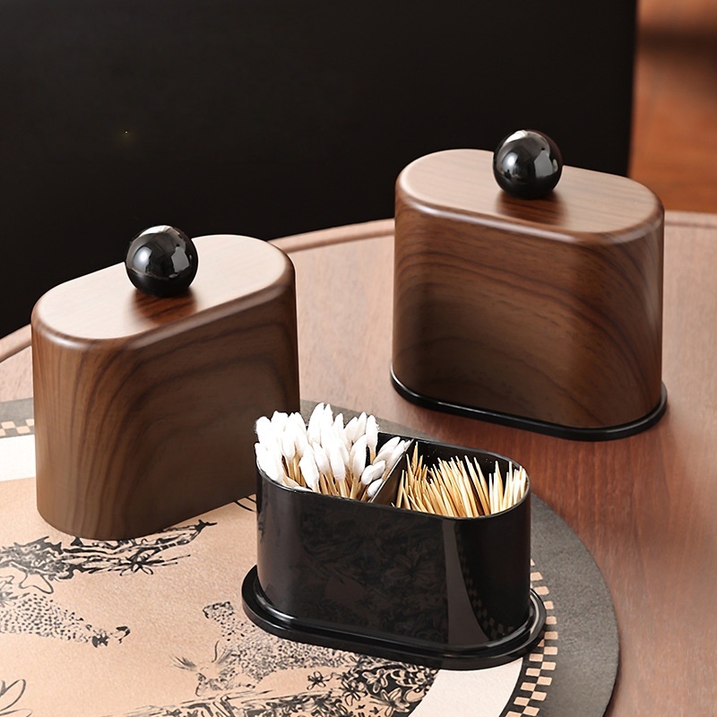 Cotton Swab Holder - Bathroom Organizer - Ear Swab Container - Storage Box with Lid - Makeup Organizer - Jewelry Box - Toilet Accessories - Desk Organizer - Home Decor - Small Storage Box - Wood Look - Dark Brown - 1 Piece