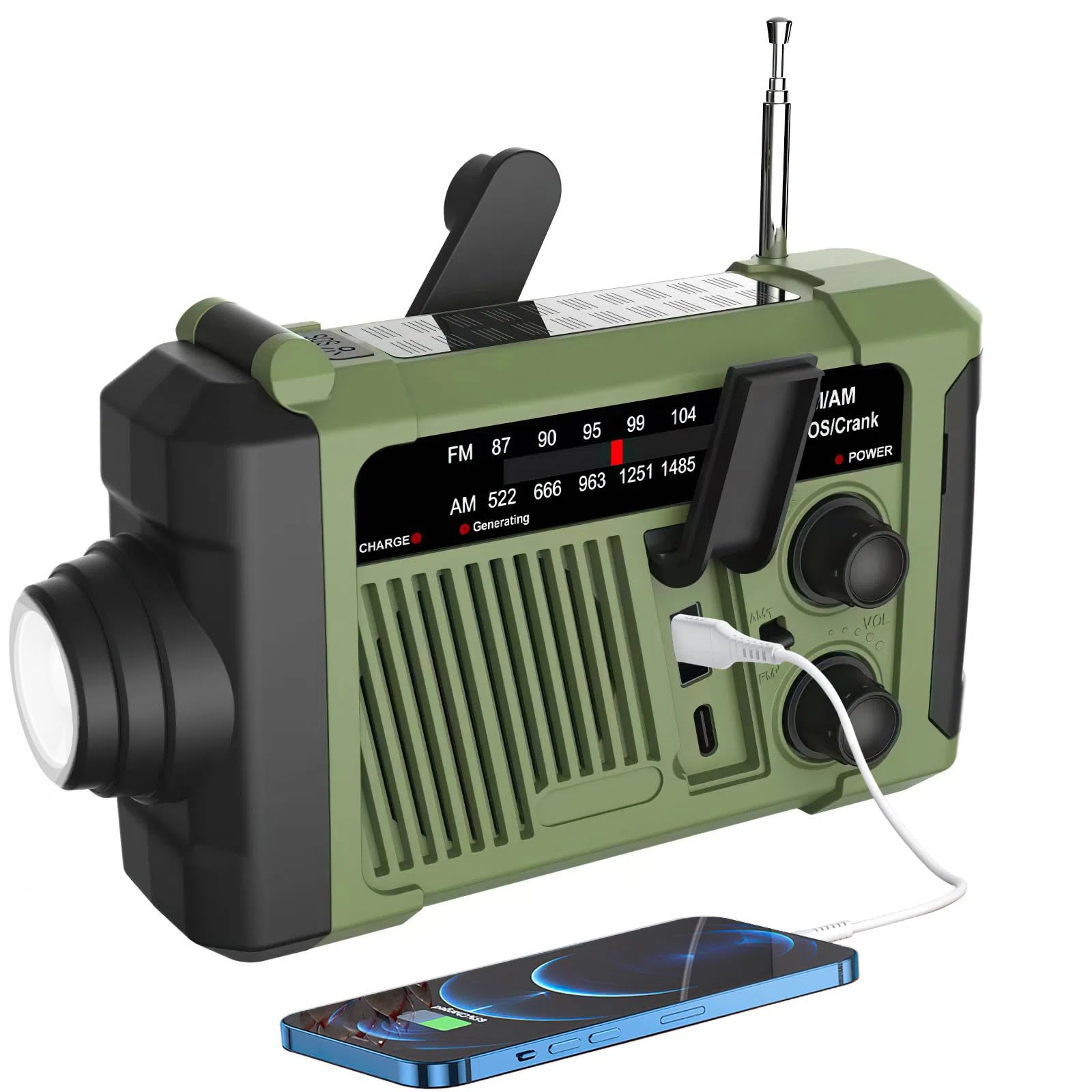Wind-up Radio - Solar Radio - World Receiver - Portable Radio - Flashlight with Dynamo - Powerbank Function - Camping Radio - Outdoor Gadgets - Rechargeable Flashlight - USB Charger - FM AM Receiver - Hiking - Green - 1 Piece