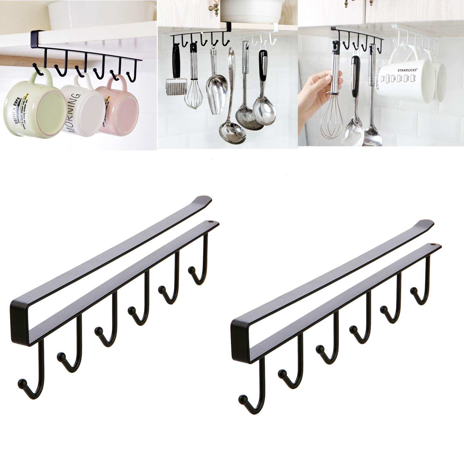 Mug Holder - Hanging Kitchen Rack - Kitchen Organizer - No Drilling Required - Utensil Holder - Cupboard Organizer - Cup Holder - Spatula Holder - Storage Rack - Wardrobe Accessories - Space Saving - Black - 2 Pieces