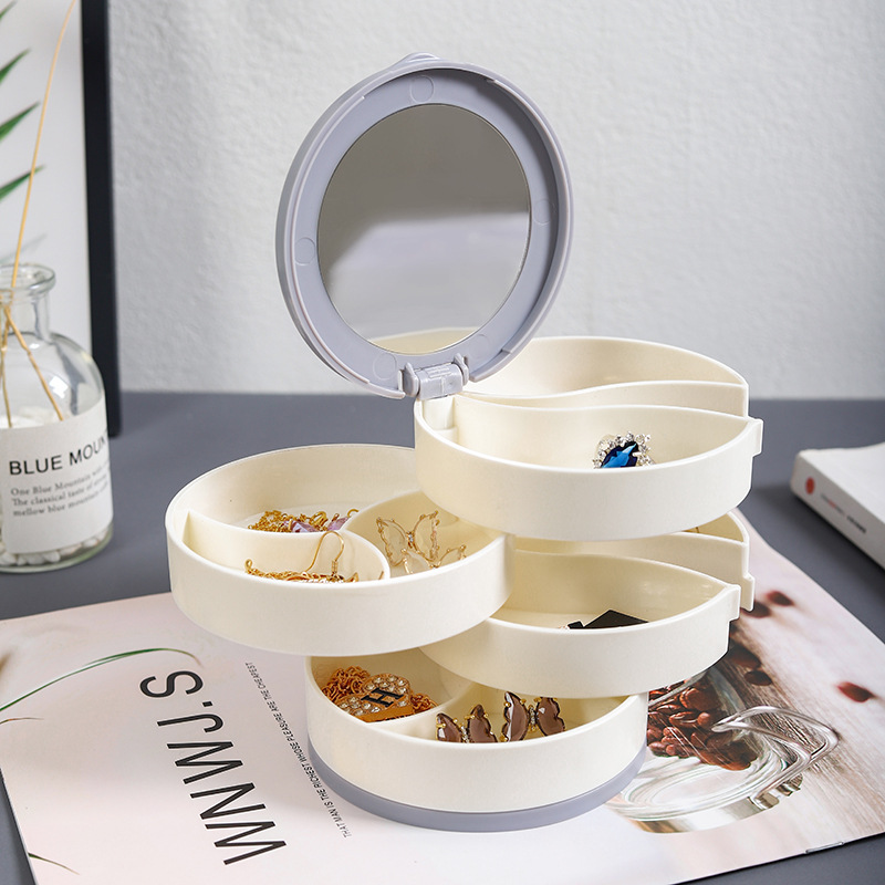 Jewelry box - Jewelry organizer - Jewelry box - Storage box with mirror - Jewelry box - Make-up organizer - Earring holder - Rotating storage system - 4 layers - Jewelry storage - Compact - Accessories tray - Modern design - White - 1 piece