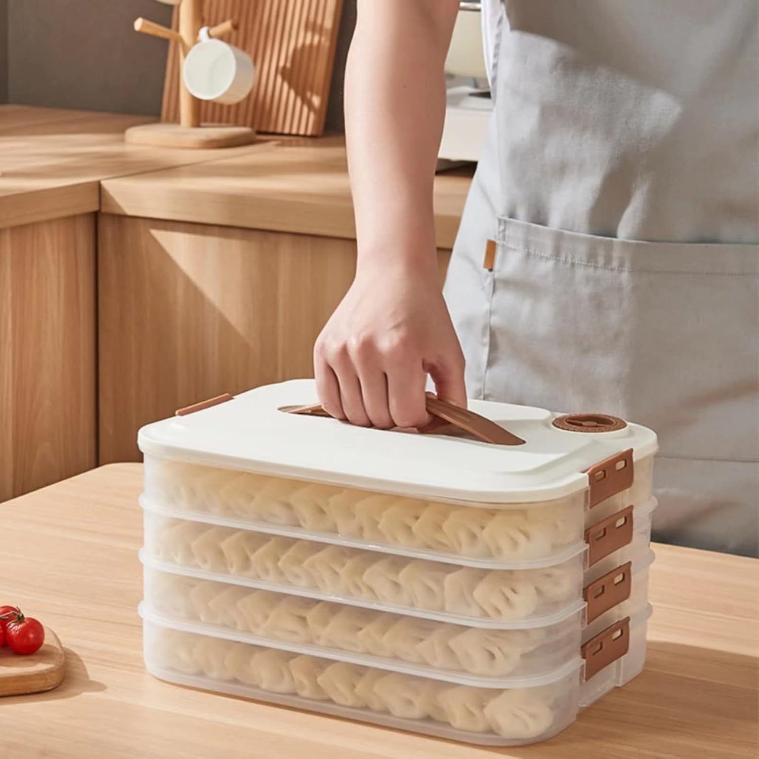 Food Storage Containers - Freezer Containers - Fridge Organizer - Storage Boxes with Lid - Kitchen Storage Box - Meat Box - Food Container - Stackable - 4 Layers - With Handle - Food Storage Box - Large Capacity - Freezer - Cream White - 1 Piece
