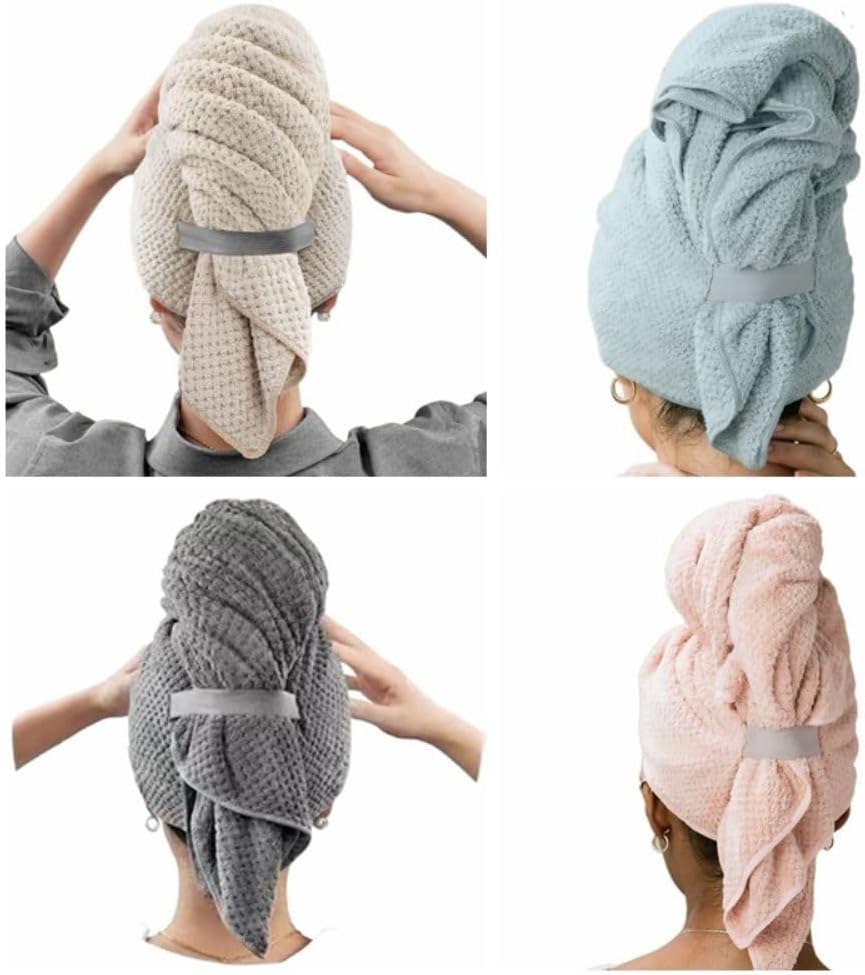 Hair Towel Quick-Drying - Microfiber Hair Turban - Anti-Frizz Towel - Head Wrap - Suitable for Curly Girl Method - For Long and Thick Hair - Super Absorbent - Waffle Structure - Soft & Comfortable - XL Size - Mixed Colors - 4 Pieces