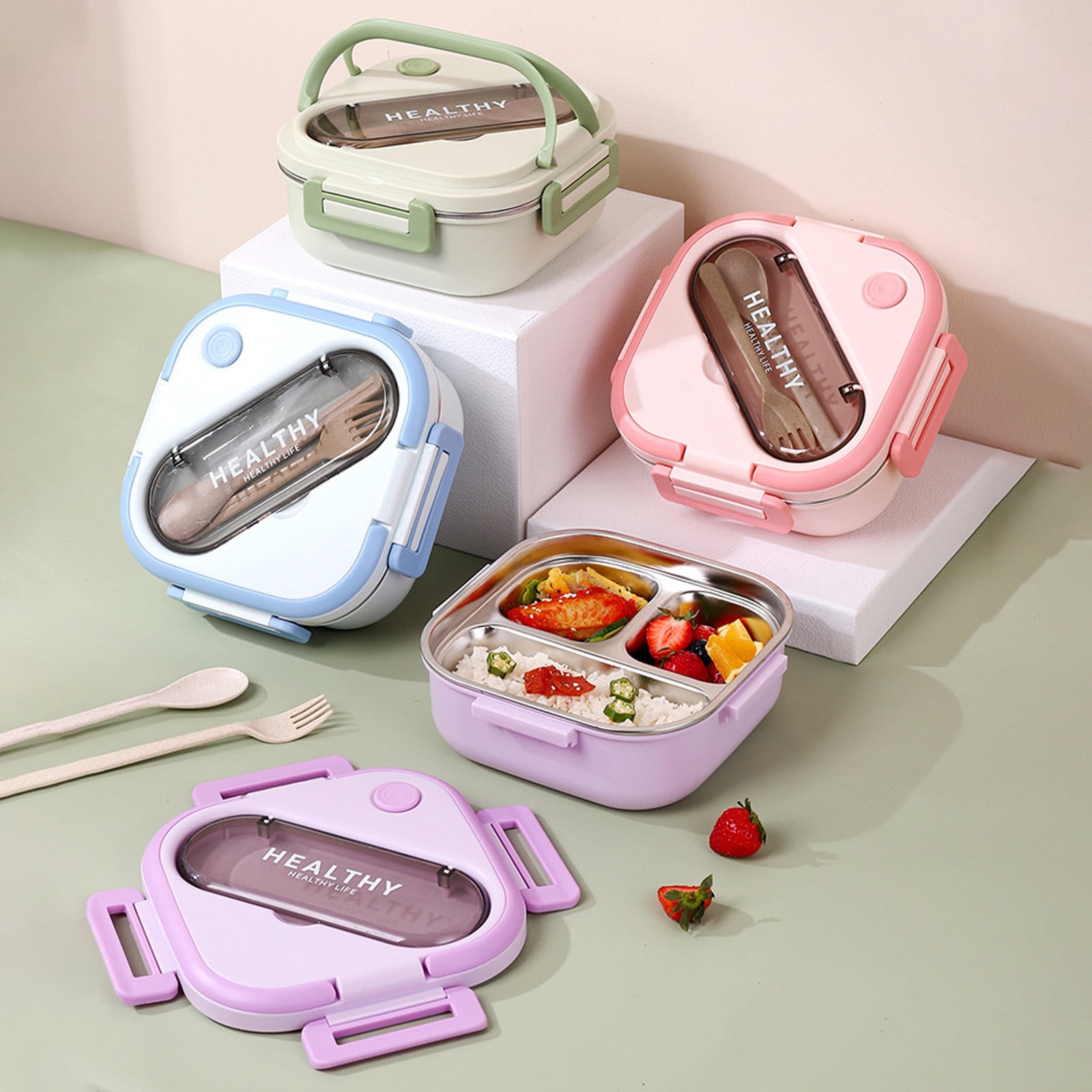 Lunch Box, Toddler Lunch Box, Leak-Proof, Four-Sided Clasp for School,Camping,Travel, 7.5x7.5x3 In,Purple Green