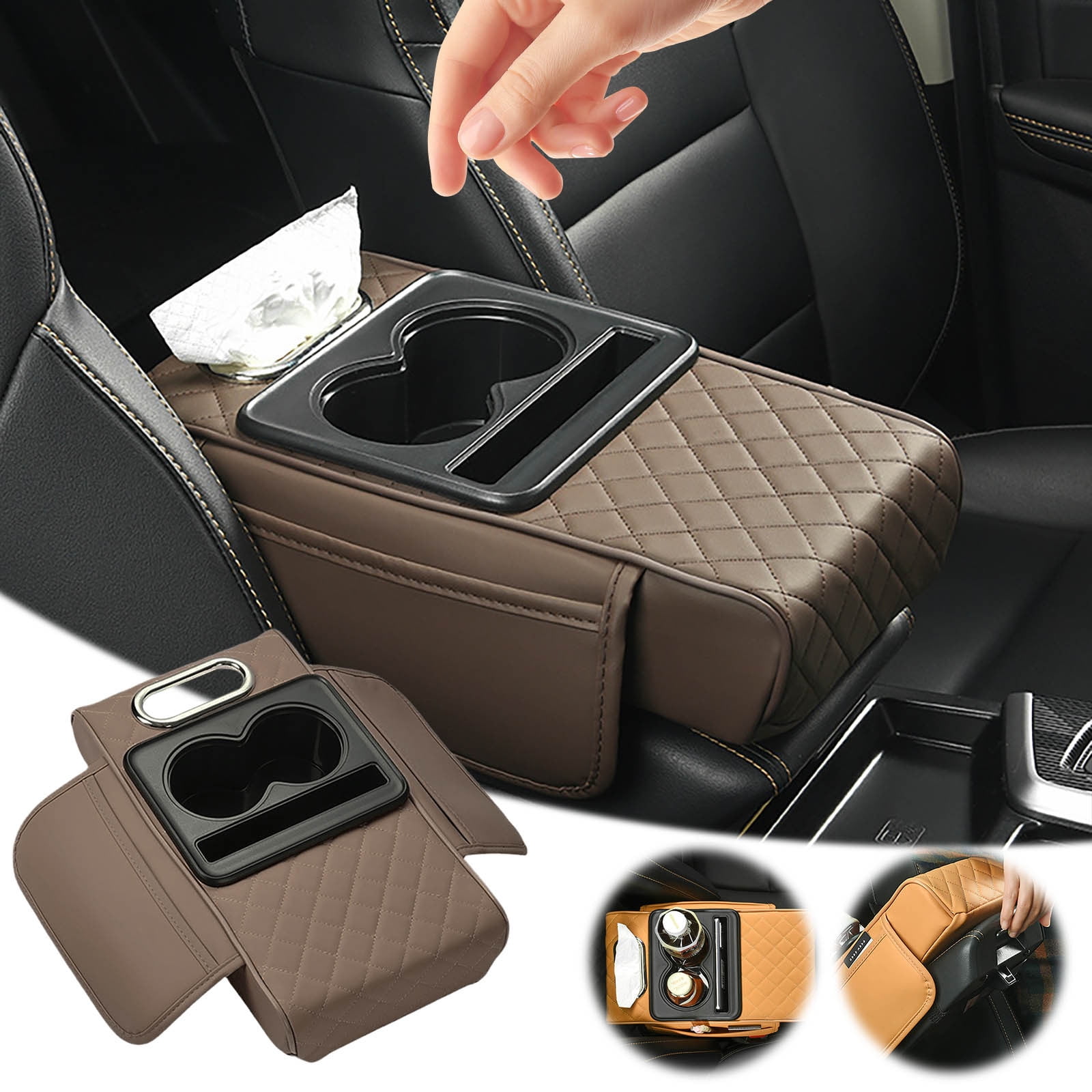 Car Center Console Armrest Pillow, Memory Foam Auto Armrest Box Cover with Cup Holder and Phone Holder, Waterproof Leather Arm Rest Protector Cushion, Car Tissue Box, Interior Car Accessories Multicolor