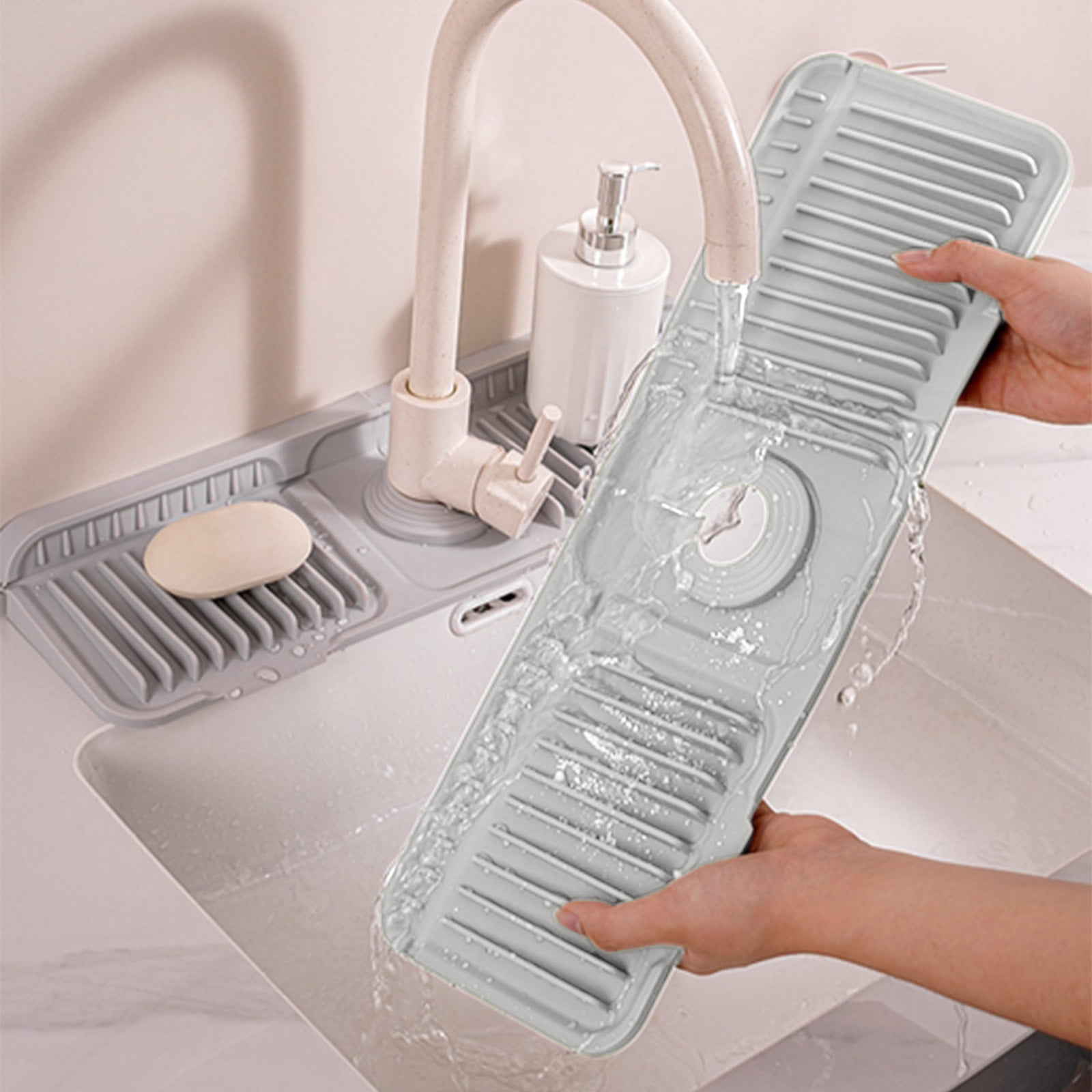 Silicone Sink Splash Guard, Kitchen Sink Accessory with Drip Tray, Button Style Silicone Faucet Drains Mat, Bathroom Kitchen Splashs Guard Countertop Storage Mat Pink