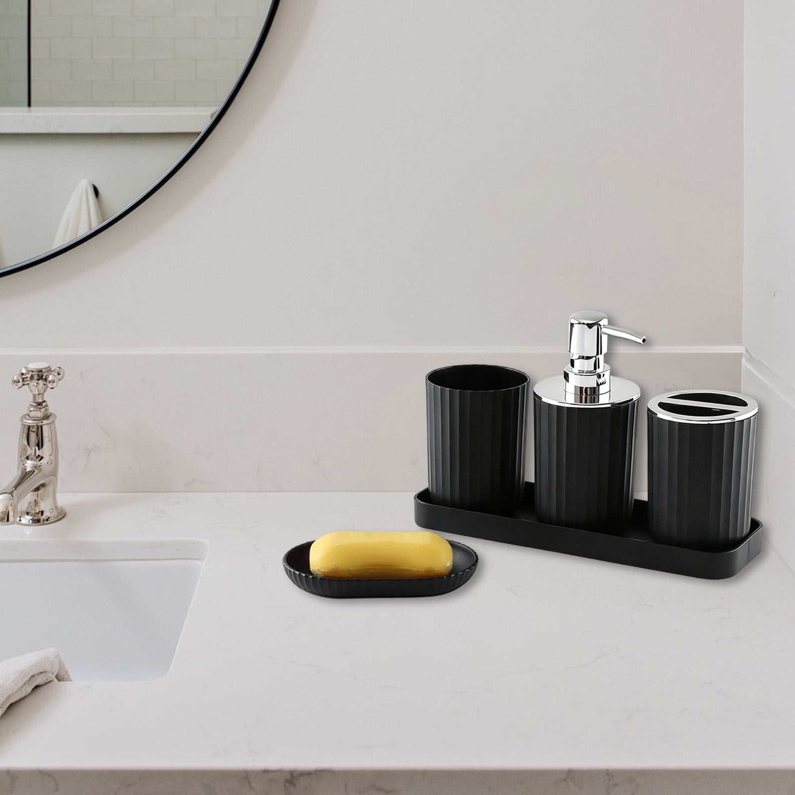 Bathroom Accessory Set of 5, Plastic Bathroom Sink Set with Soap Dispenser and Toothbrush Holder, for Bath Countertop Decoration, Contain Toothbrush Holder Set, Soap Dispenser Dish White