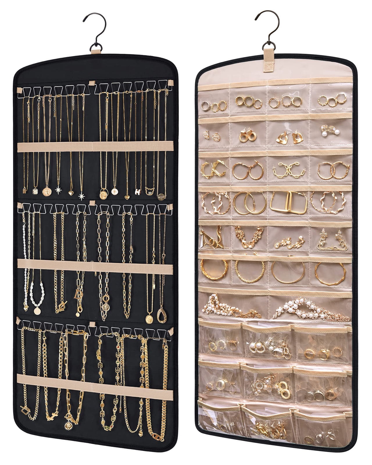 Hanging Jewelry Organizer Necklace Holder Anti-tangle Earrings Rings Hanger with 20 Jewelry Bags Travel Storage Roll with Pockets Hang on Closet, Wall, Door,1 Piece, Large, Black