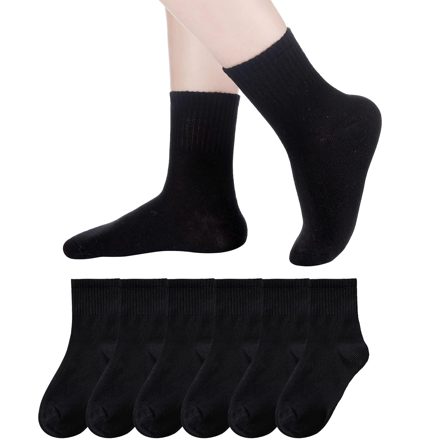 Kids Athletic Crew Socks Boys Girls Cotton School Uniform Casual Basic Socks 6 Pairs 9 - 12 Years Black