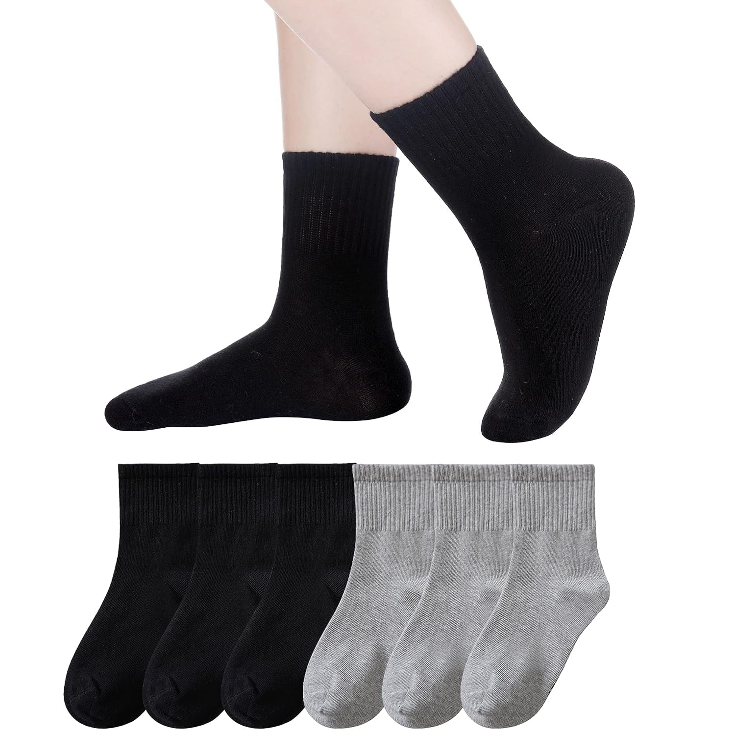 Kids Athletic Crew Socks Boys Girls Cotton School Uniform Casual Basic Socks 6 Pairs 6 - 8 Years Black + Gray