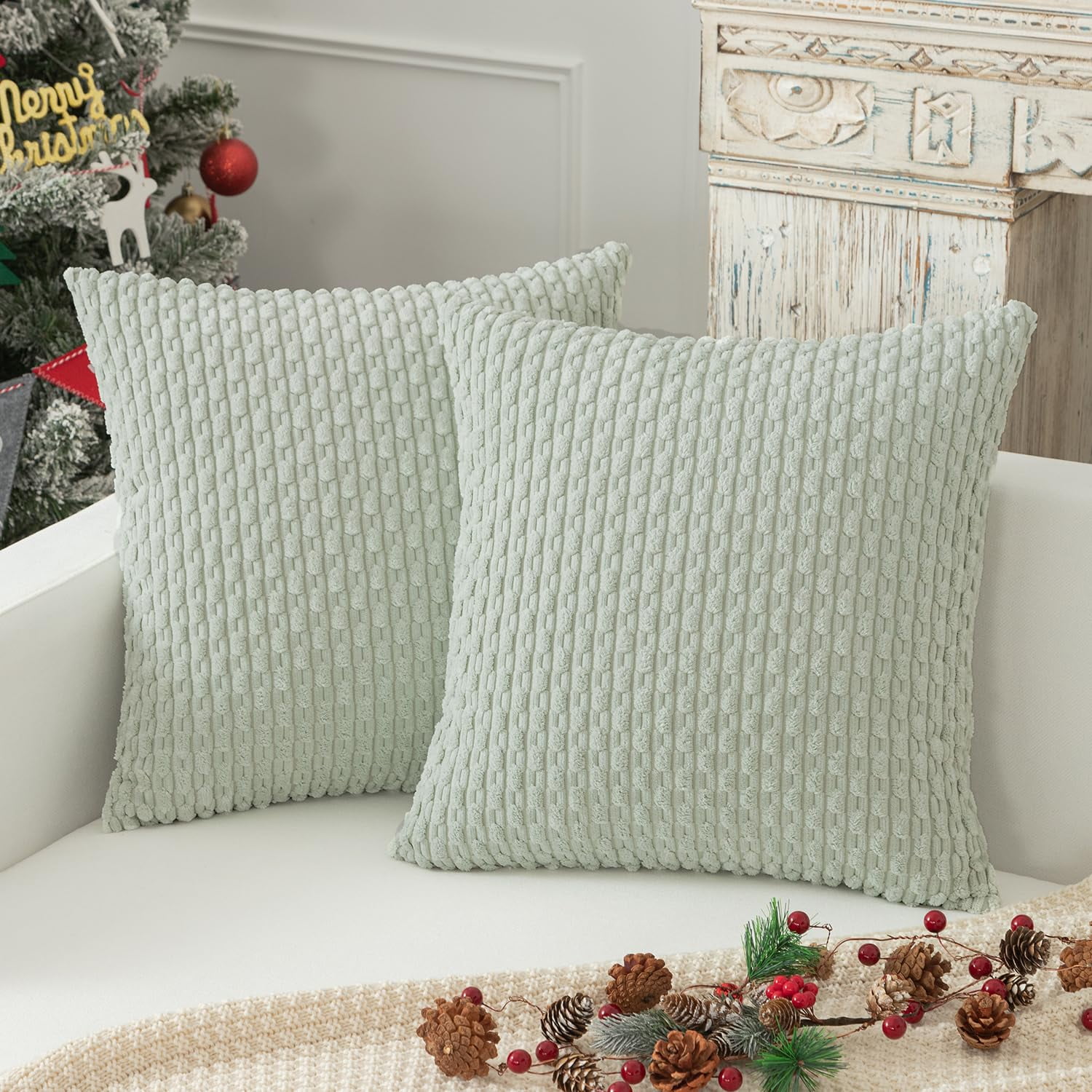 Holzlrgus Fall Set of 2 Striped Textured Velvet Corduroy Decorative Europe Sham Seasonal Autumn Throw Pillow Cushion Cover for Couch, (60x60 cm, 24inch), Burnt Brick 20 x 20-Inch Tan