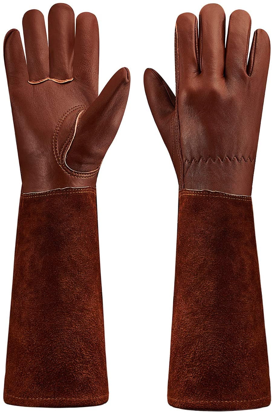 SUCCLACE Long-Gardening-Gloves for Women/Men - Thorn Proof Cowhide Leather Rose/Blackberry Pruning Heavy Duty Gloves Thick Palm Gauntlet Garden Work Gloves with Forearm Protection (Brown-Small) XL Brown