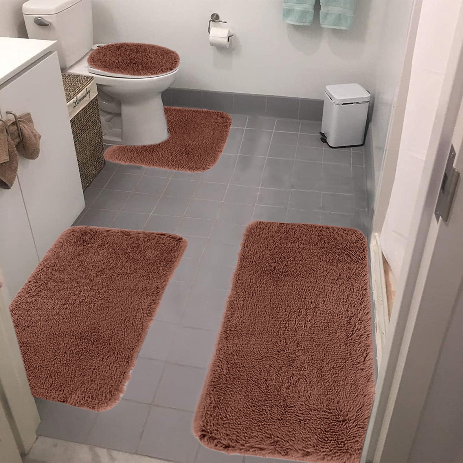 Solid Color Bathroom Rugs Sets, 3 Piece Ultra Soft Non-Slip Bath Rugs and Mats Set, Super Absorbent Soft Washable Bathroom Carpets, Plush Bathroom Mats, Toilet Rug Set of 4 Black