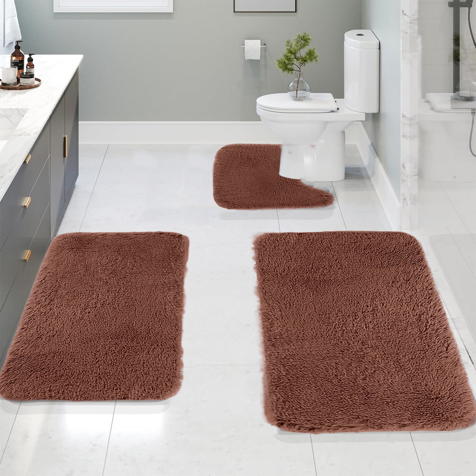 Solid Color Bathroom Rugs Sets, 3 Piece Ultra Soft Non-Slip Bath Rugs and Mats Set, Super Absorbent Soft Washable Bathroom Carpets, Plush Bathroom Mats, Toilet Rug Set of 3 Black 1