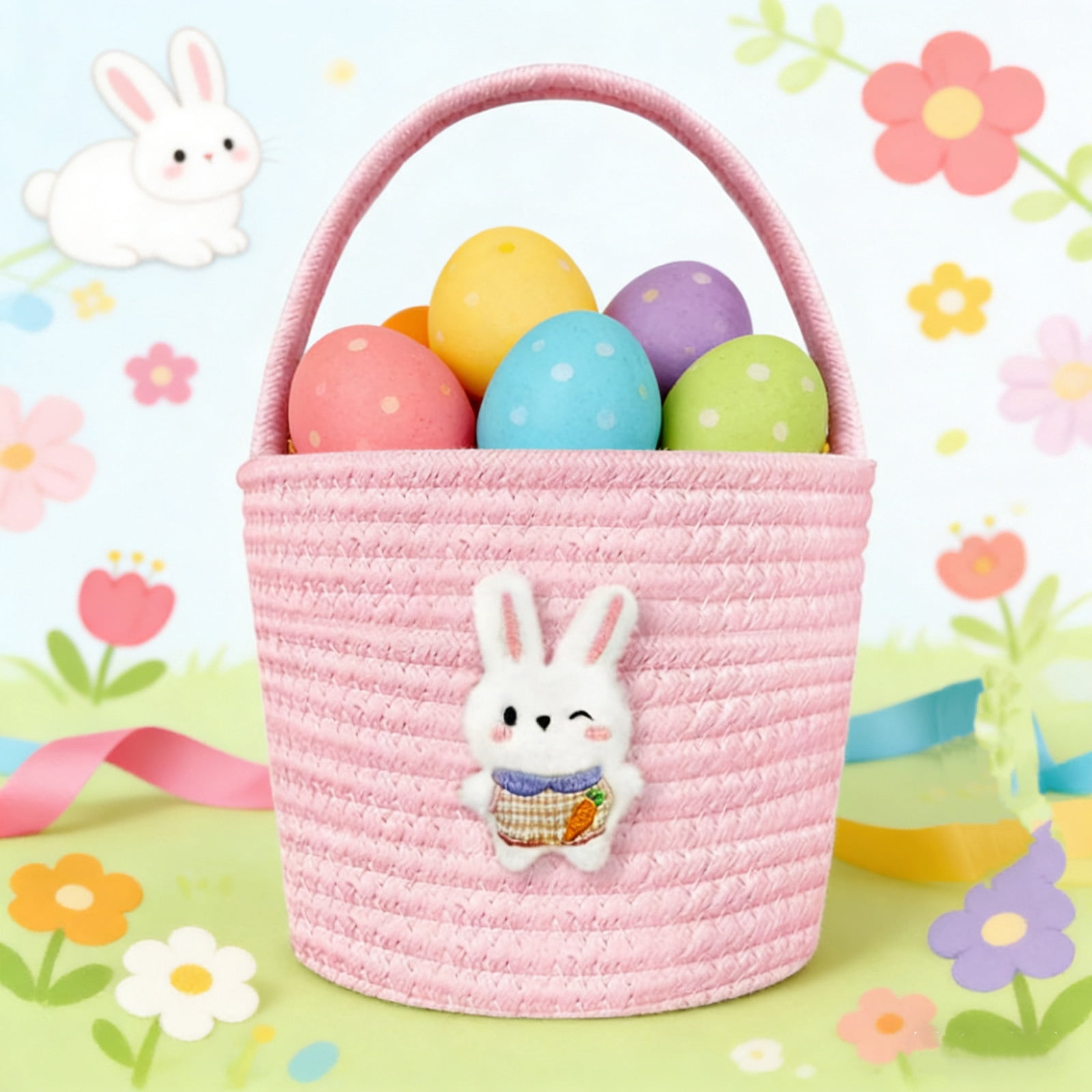 Easter Basket for Boys Girls Easter Bunny Basket with Rabbit Ears, Easter Egg Hunting Basket Easter Baskets for Kids Babies First Easter Gifts E
