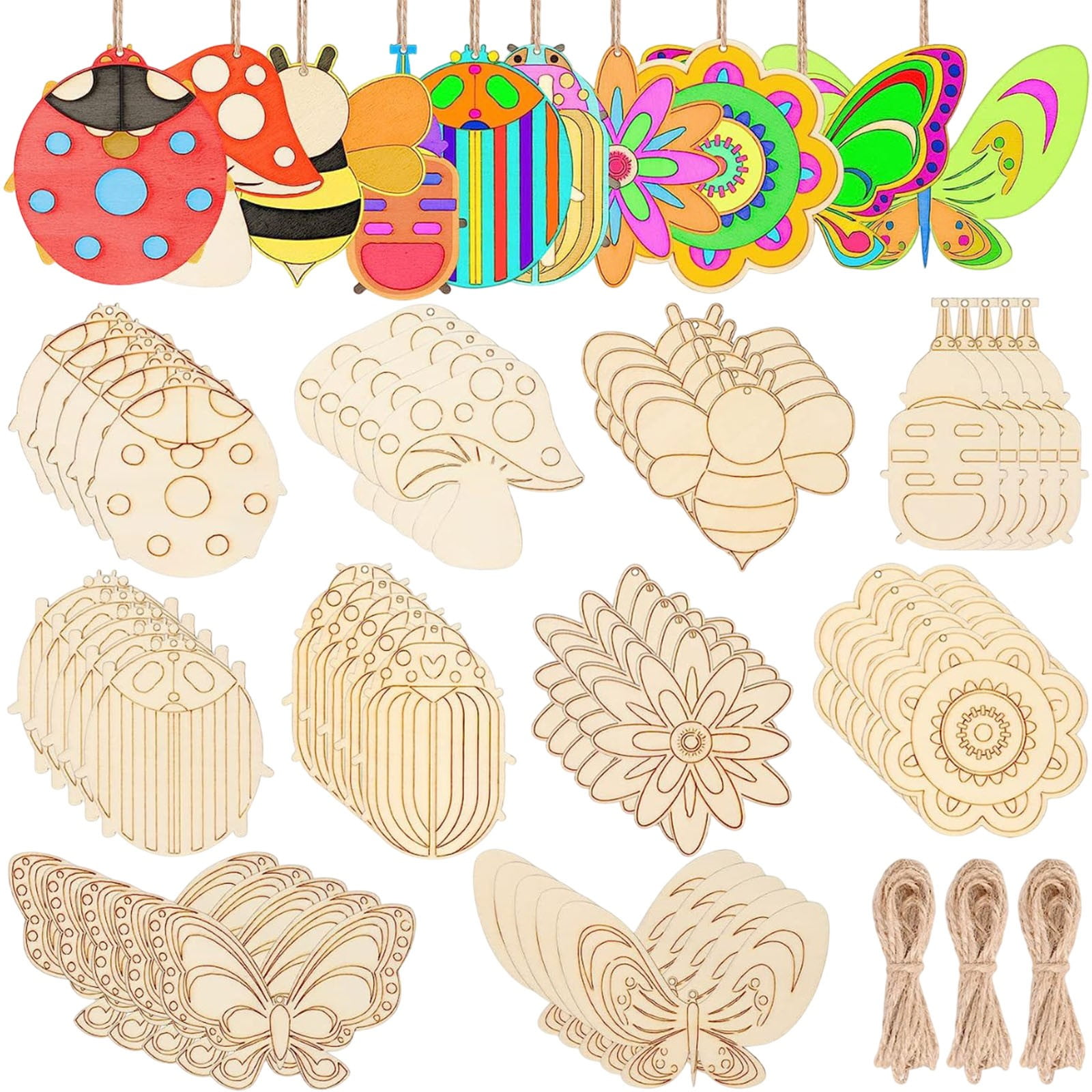 60Pcs Wood Cutouts Ornaments for Crafts Butterfly Flower Unfinished Wooden Slices DIY Paint Crafts Blank Hanging Embellishment for Painting Spring Holiday Party Supplies Beige
