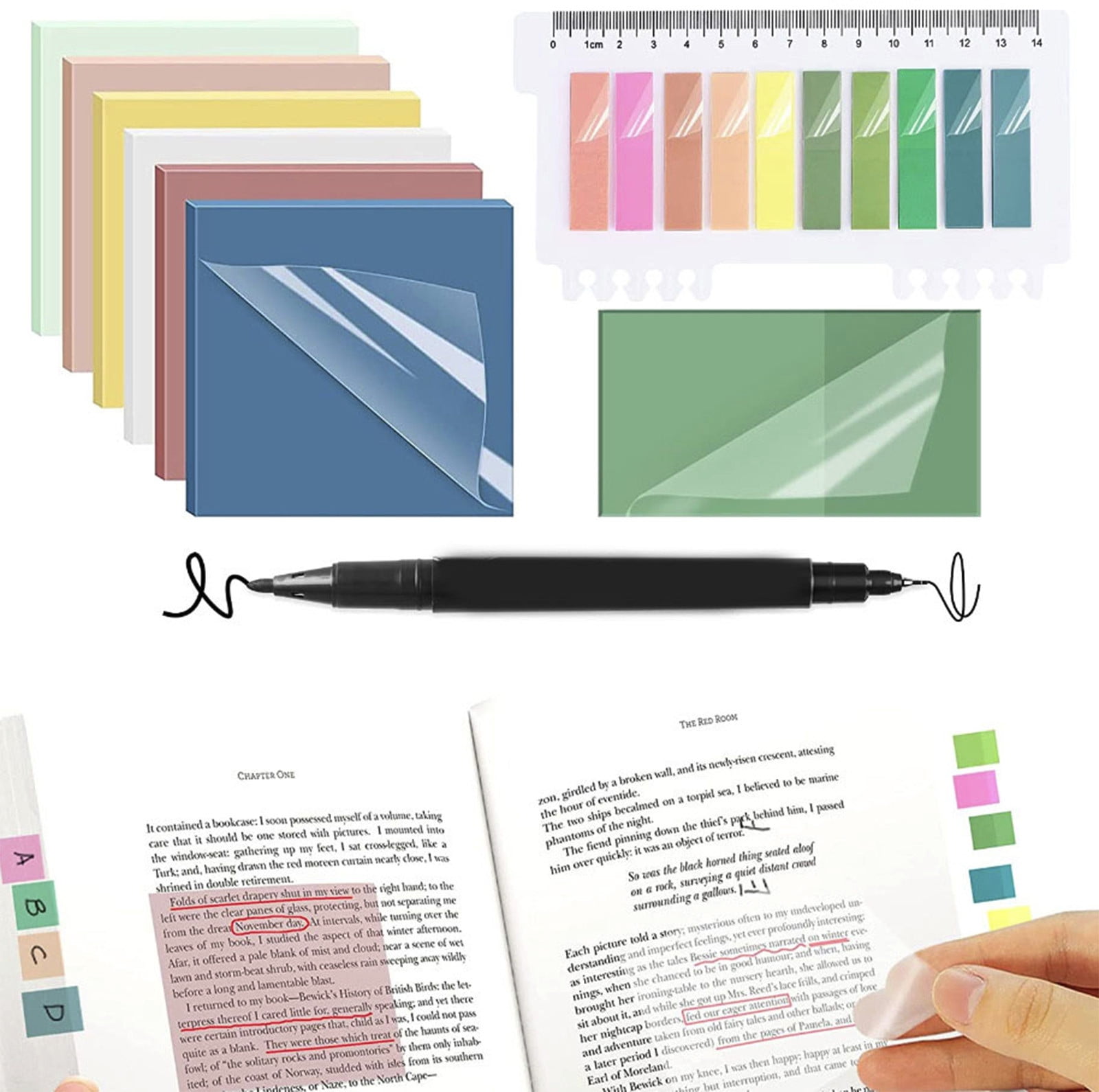 9Pcs Transparent Sticky Notes, Clear Sticky Notes, Waterproof Translucent Sticky Note Pads for Books Annotation, Clear Post it Notes for Bible Study, Office Multicolor