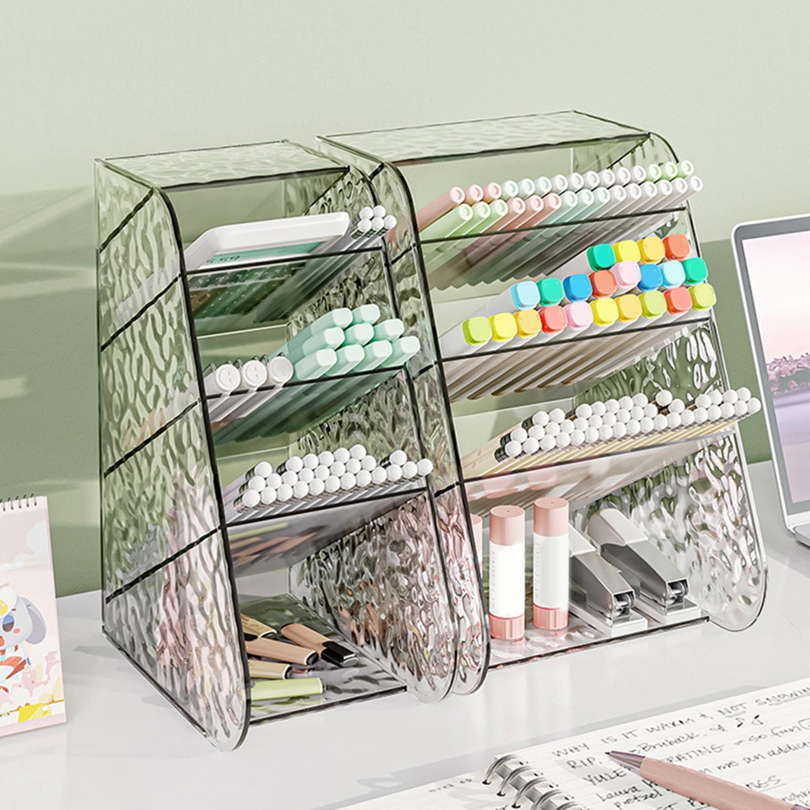 Kdkad Slanted Desktop Organizer - Clear Acrylic Pen Holder w/ Angled Slots, Cosmetic Brush Storage & Office Supply Tray for Desk (Multi-Use Stationery Box)u200bu200b L White