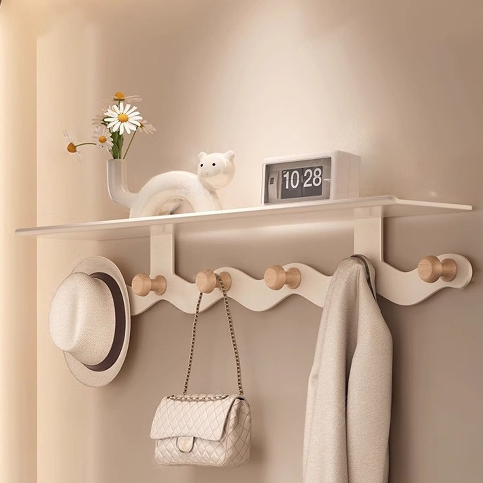 Wall Mounted Coat Rack with Shelf, 14 inches White Wood Floating Shelf for Entryway, Bathroom, Bedroom L