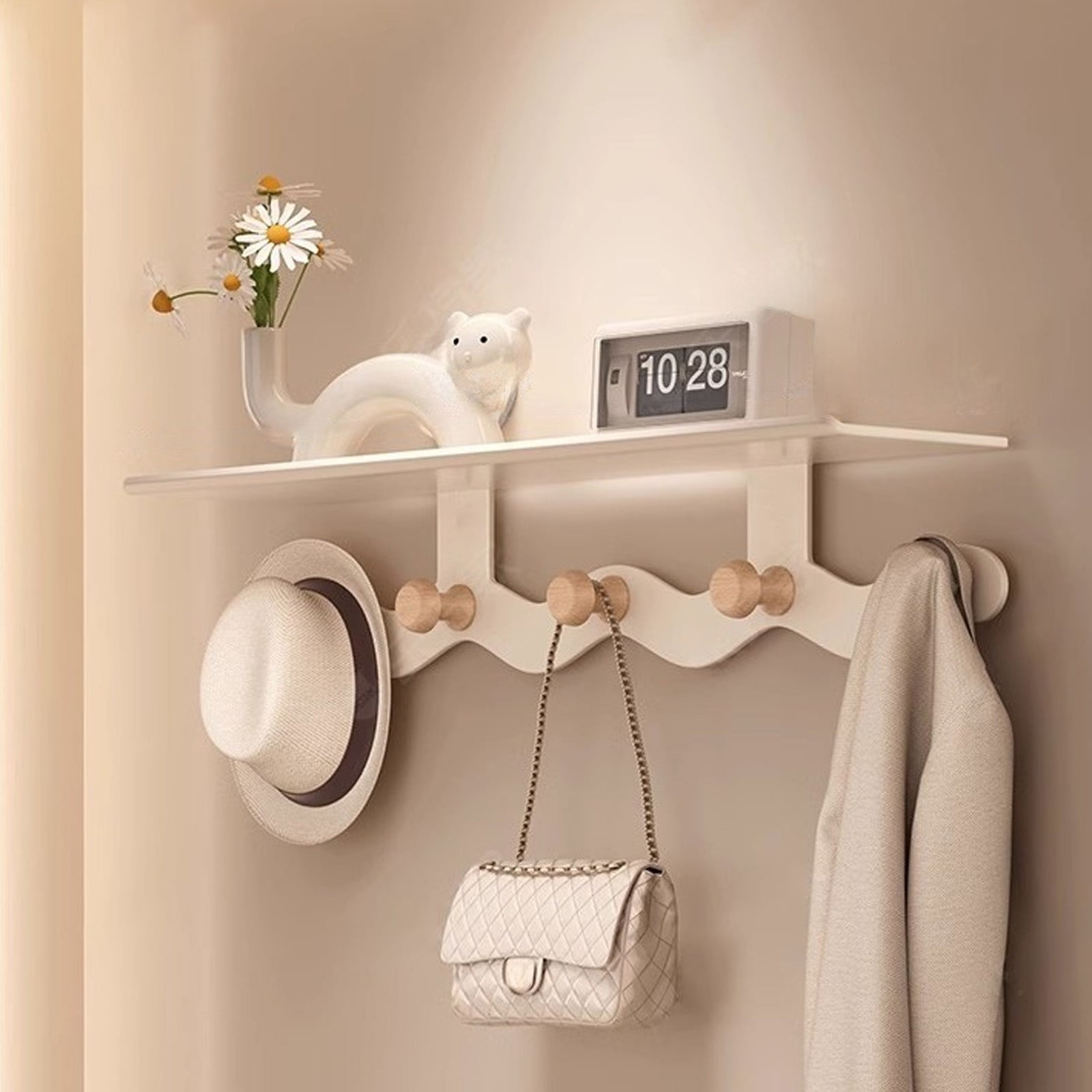 Wall Mounted Coat Rack with Shelf, 14 inches White Wood Floating Shelf for Entryway, Bathroom, Bedroom S