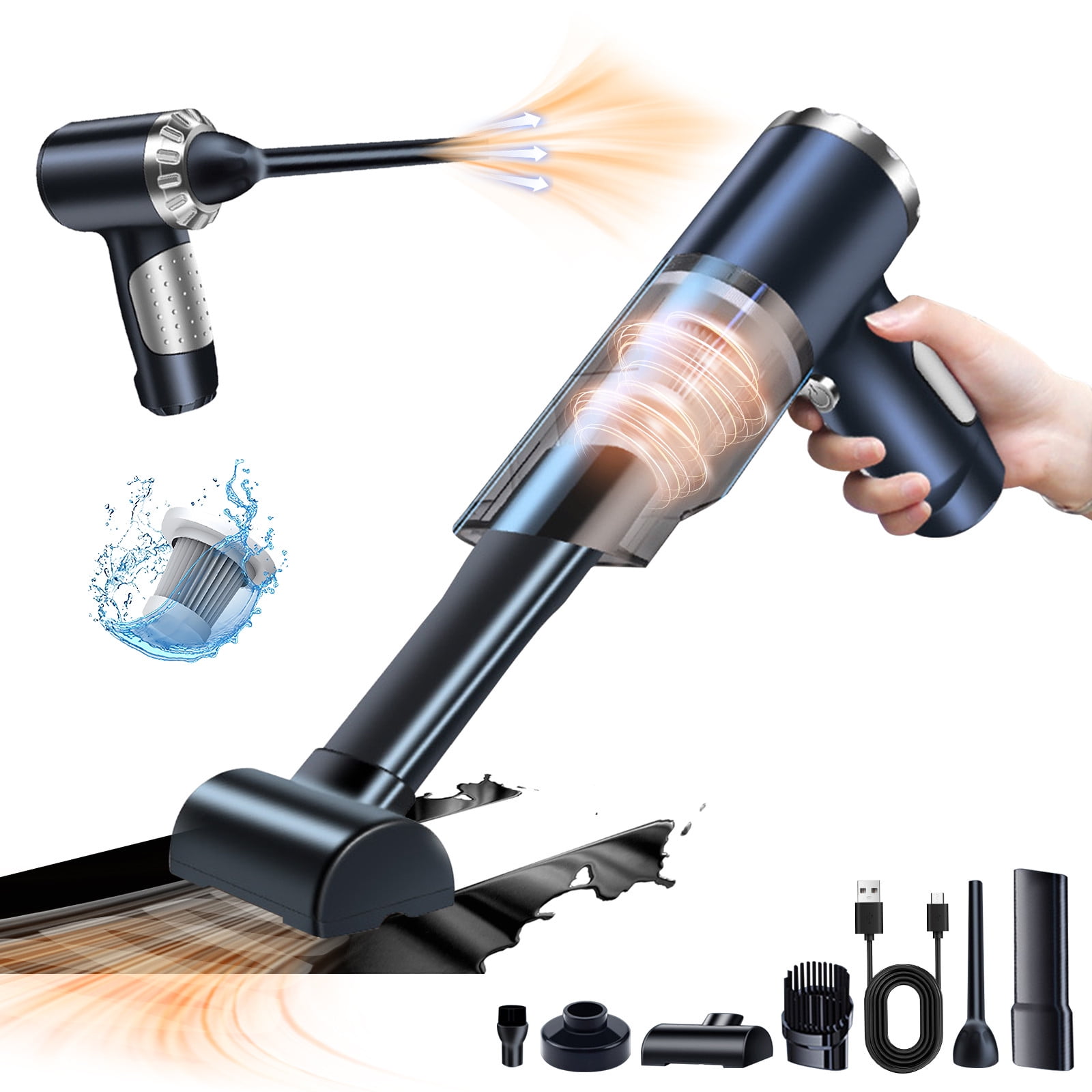 Cordless Vacuum Cleaner, Portable Handheld Car Vacuum Cleaner - 50W 9000Pa Strong Suction, 7.4V USB Rechargeable, Mini Folding Design with 6 Accessories, Black ABS Dust Buster for Car/Home