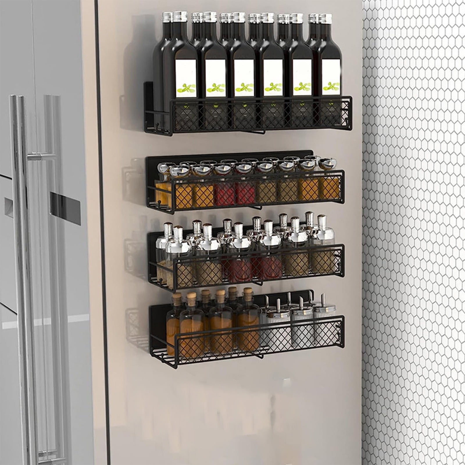 Magnetic Spice Rack Organizer Mesh Design for Refrigerator Oven, Black Storage Rack for Kitchen Spices Condiments, Easy Install Fridge Organizer Black