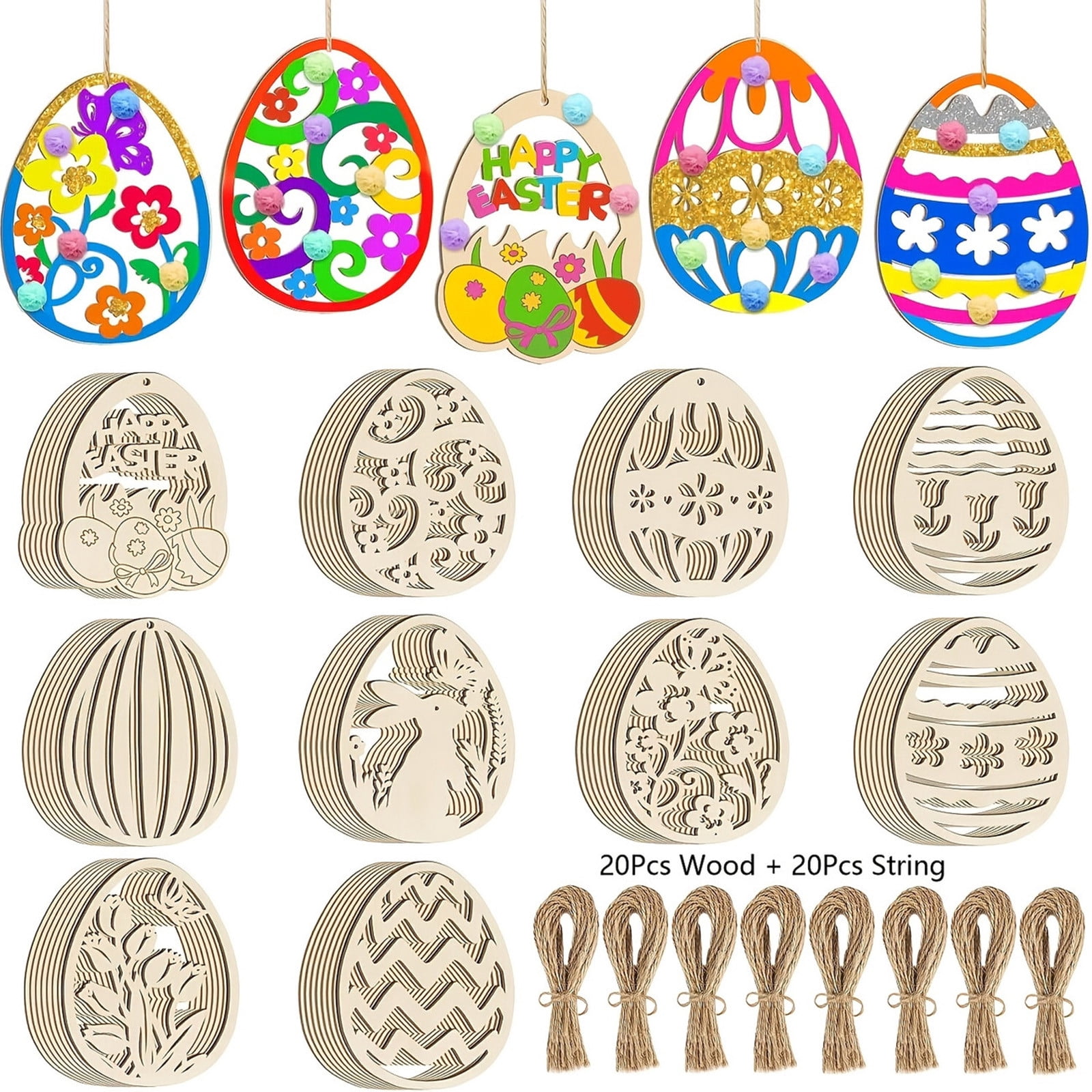 20 Sets Wooden Easter Ornaments Decorations DIY Easter Craft Kits Assorted Paintable Unfinished Wood Easter Egg Ornaments for Kids Classroom Home Activity Art D