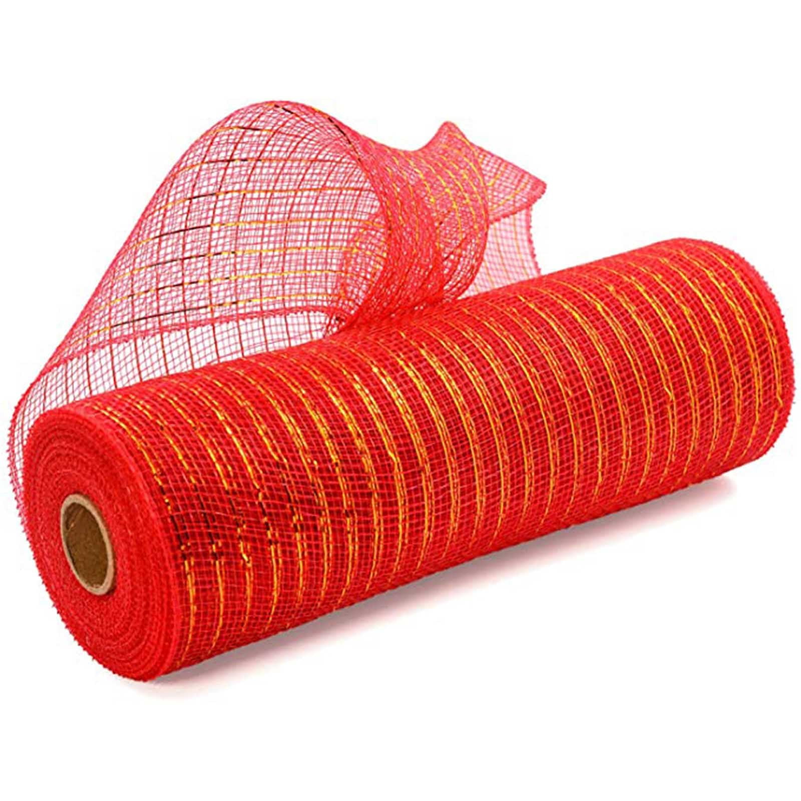 10 Inch x 30 Feet Deco Poly Mesh Ribbon, Metallic Foil Poly Mesh Ribbon, for Wreaths, Swags, Craft, Wedding, Party and Decorating Supplies Red